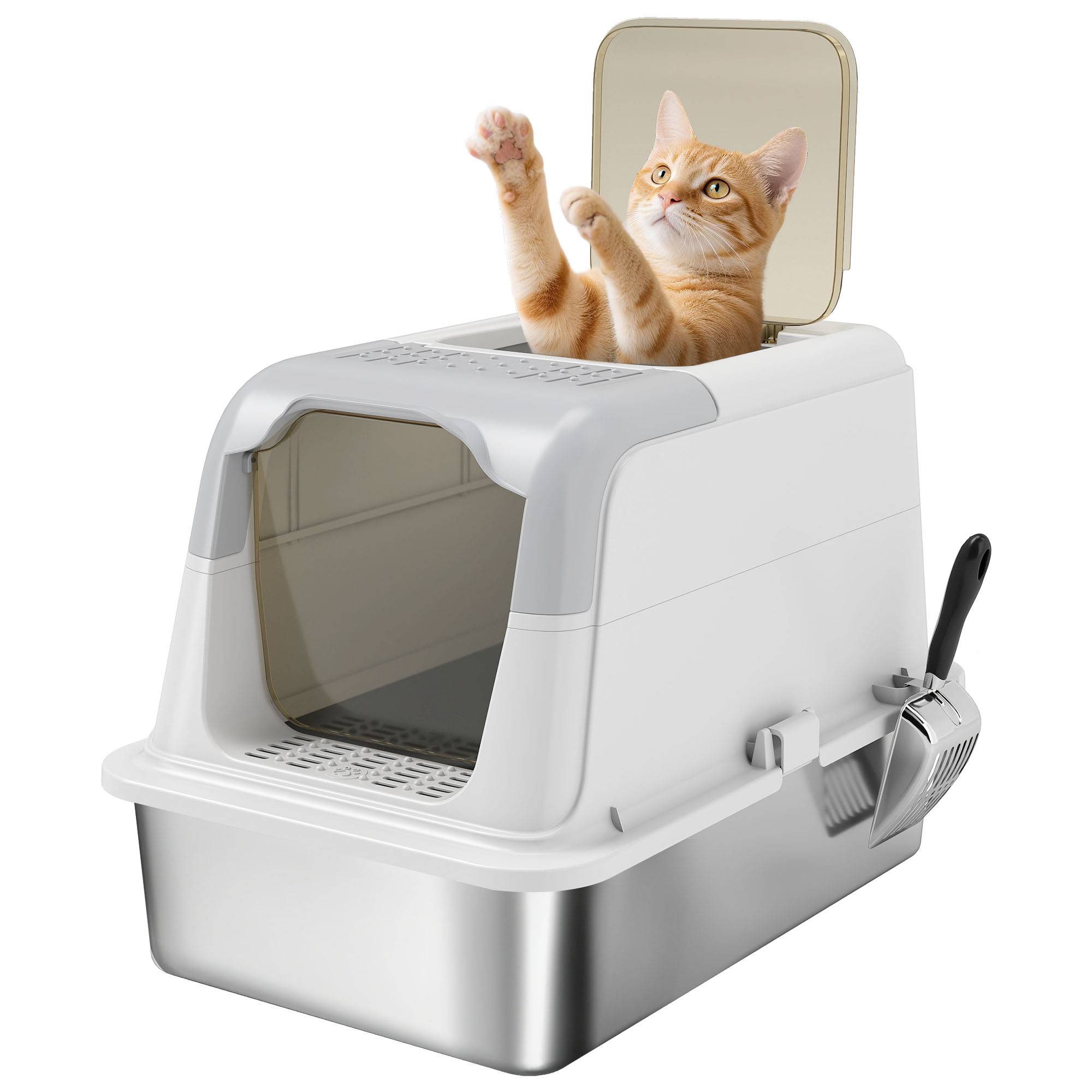 Maison de toilette Acier Inoxydable chats Sortie par le haut 60x40x41cm Blanc - ComfortXL Outdoor Living - Image 1