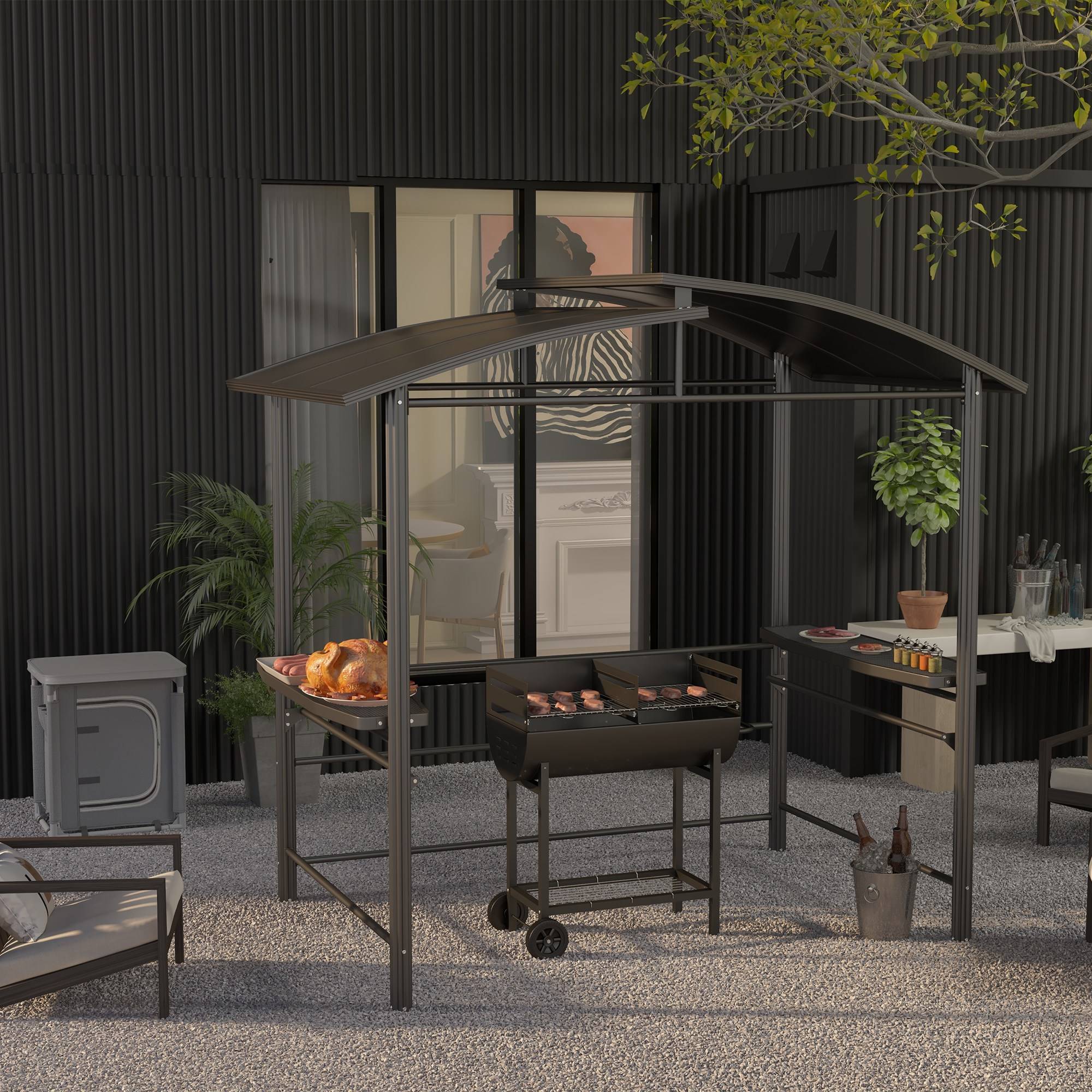 Barbecue à charbon avec grille à hauteur réglable pour extérieur, barbecue portable avec étagère de stockage et roues, 90x45x96 cm, couleur noire - Image 10