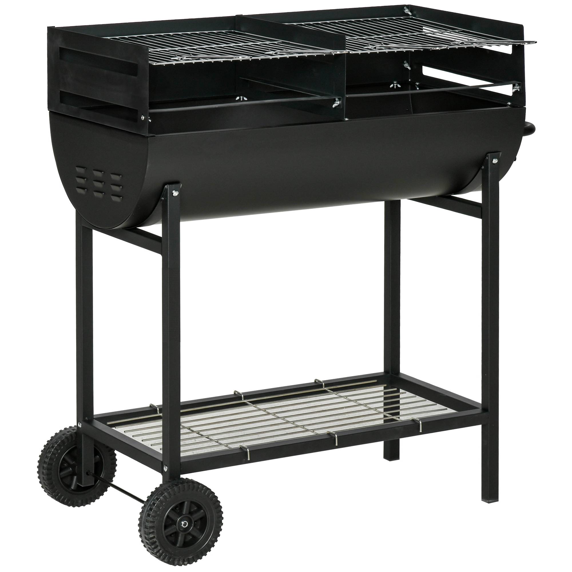 Barbecue à charbon avec grille à hauteur réglable pour extérieur, barbecue portable avec étagère de stockage et roues, 90x45x96 cm, couleur noire - Image 2