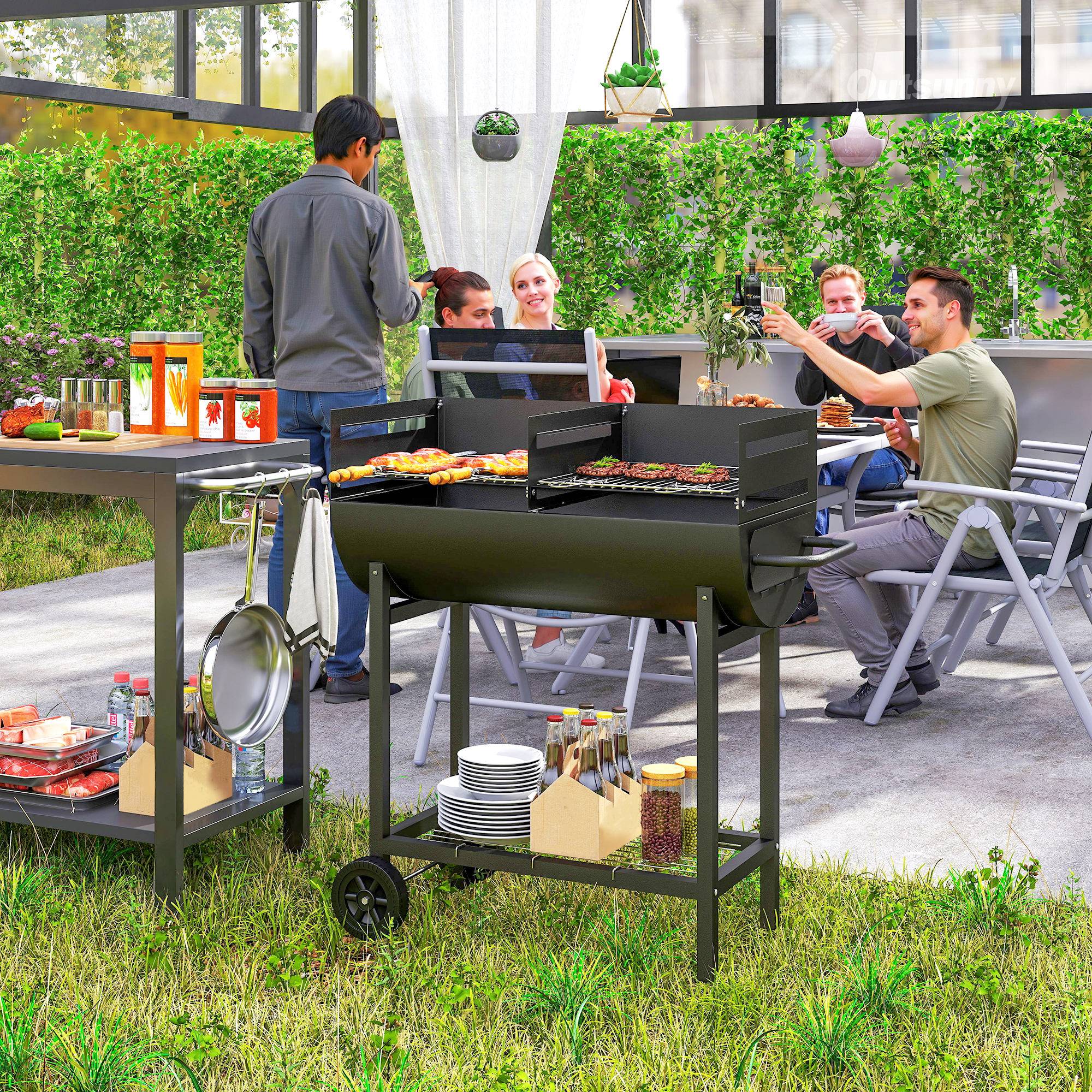Barbecue à charbon avec grille à hauteur réglable pour extérieur, barbecue portable avec étagère de stockage et roues, 90x45x96 cm, couleur noire - Image 3