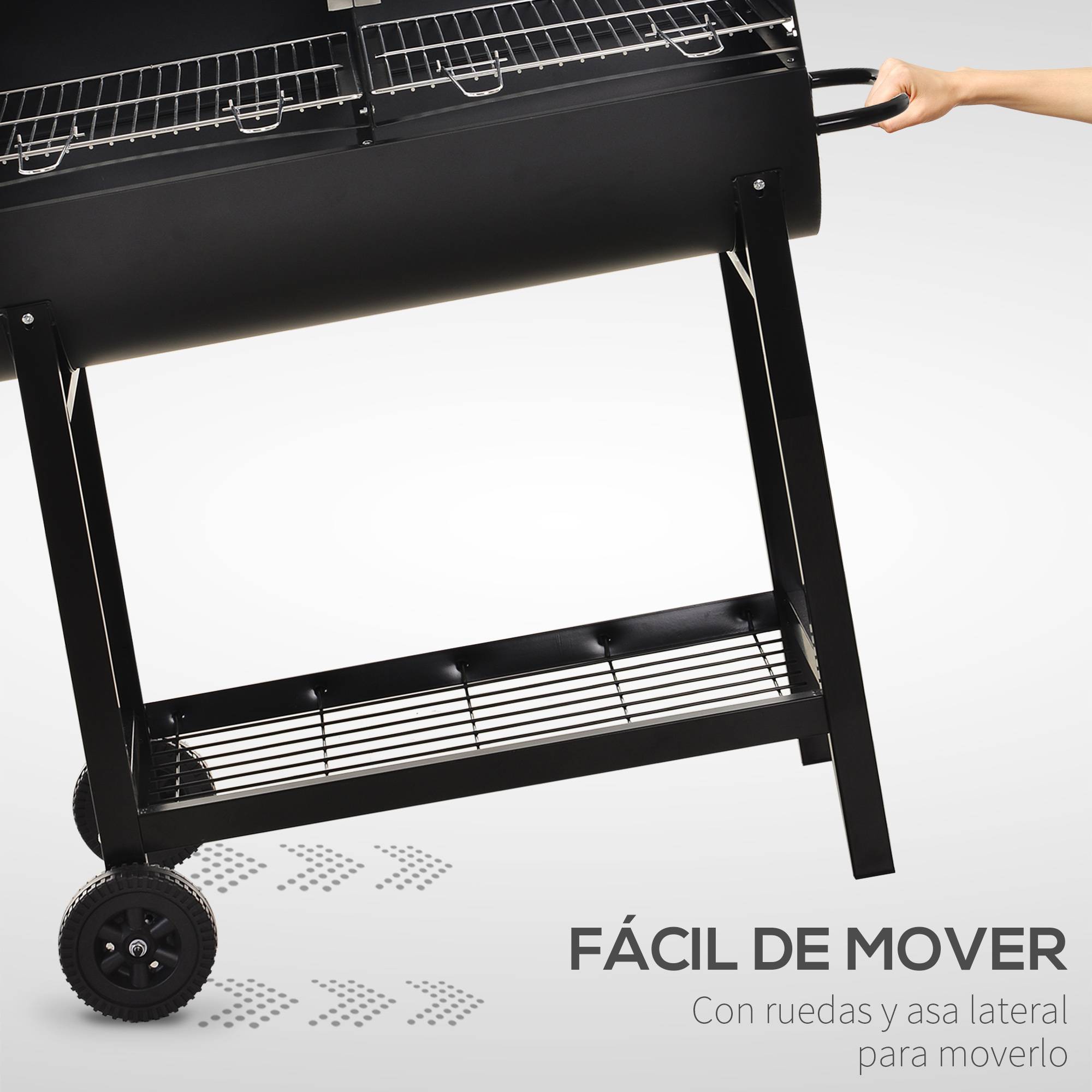 Barbecue à charbon avec grille à hauteur réglable pour extérieur, barbecue portable avec étagère de stockage et roues, 90x45x96 cm, couleur noire - Image 8