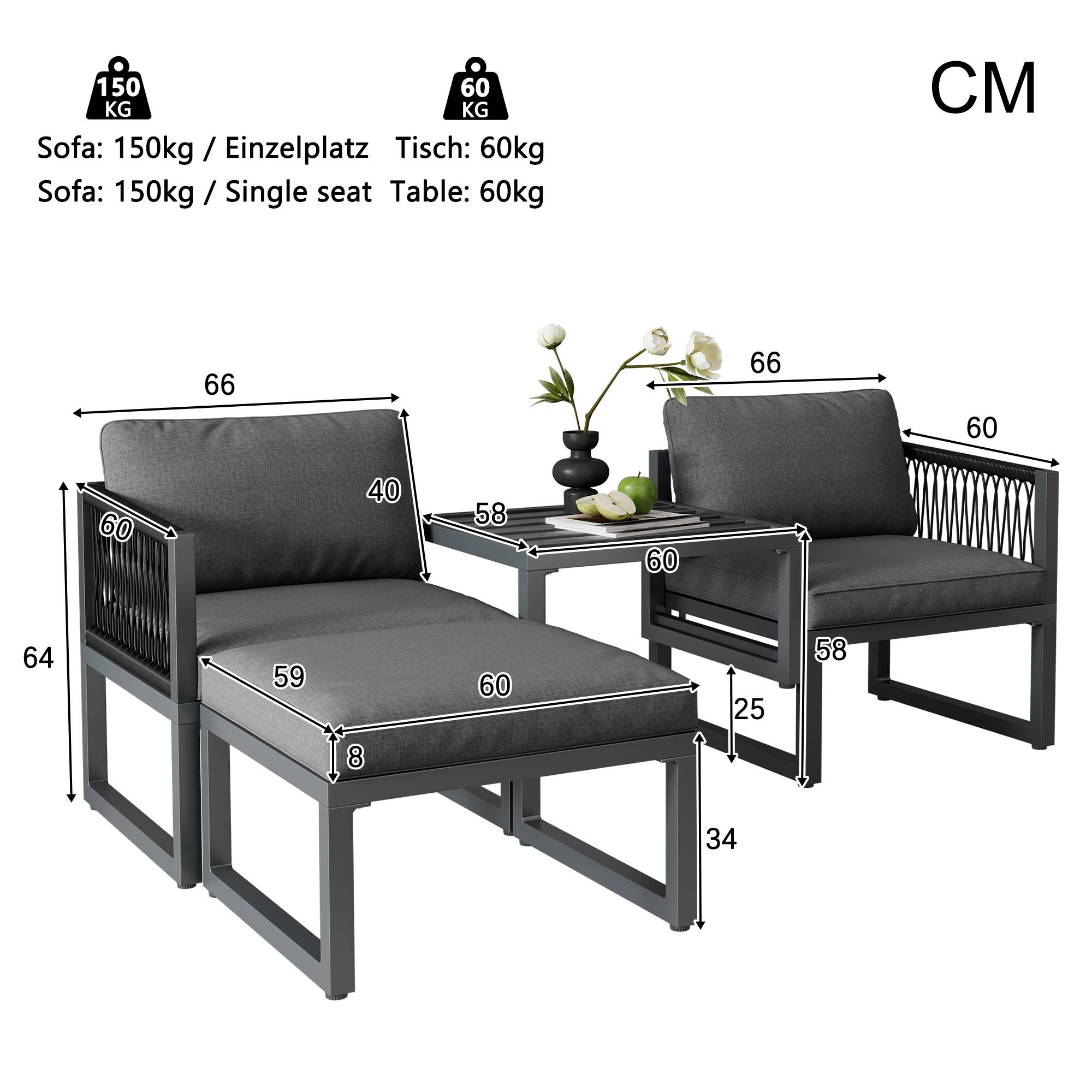 Ensemble de salon de jardin en aluminium, ensemble de meubles de terrasse. 2 canapés, 2 repose - pieds, différentes combinaisons, réglables - Image 3