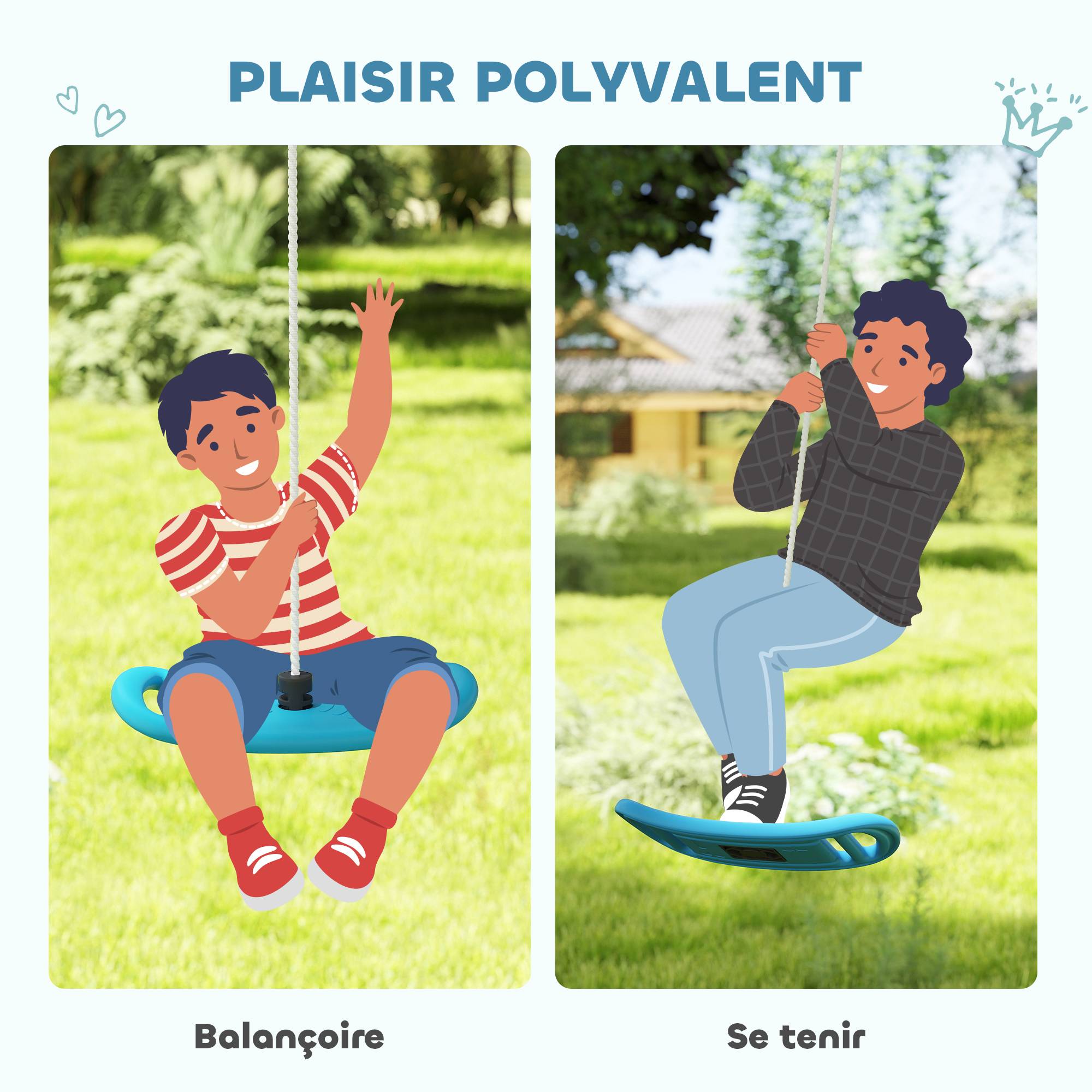 Balançoire enfant extérieur et intérieur avec corde réglable, mousqueton, charge max. 70 kg, bleu - Image 6