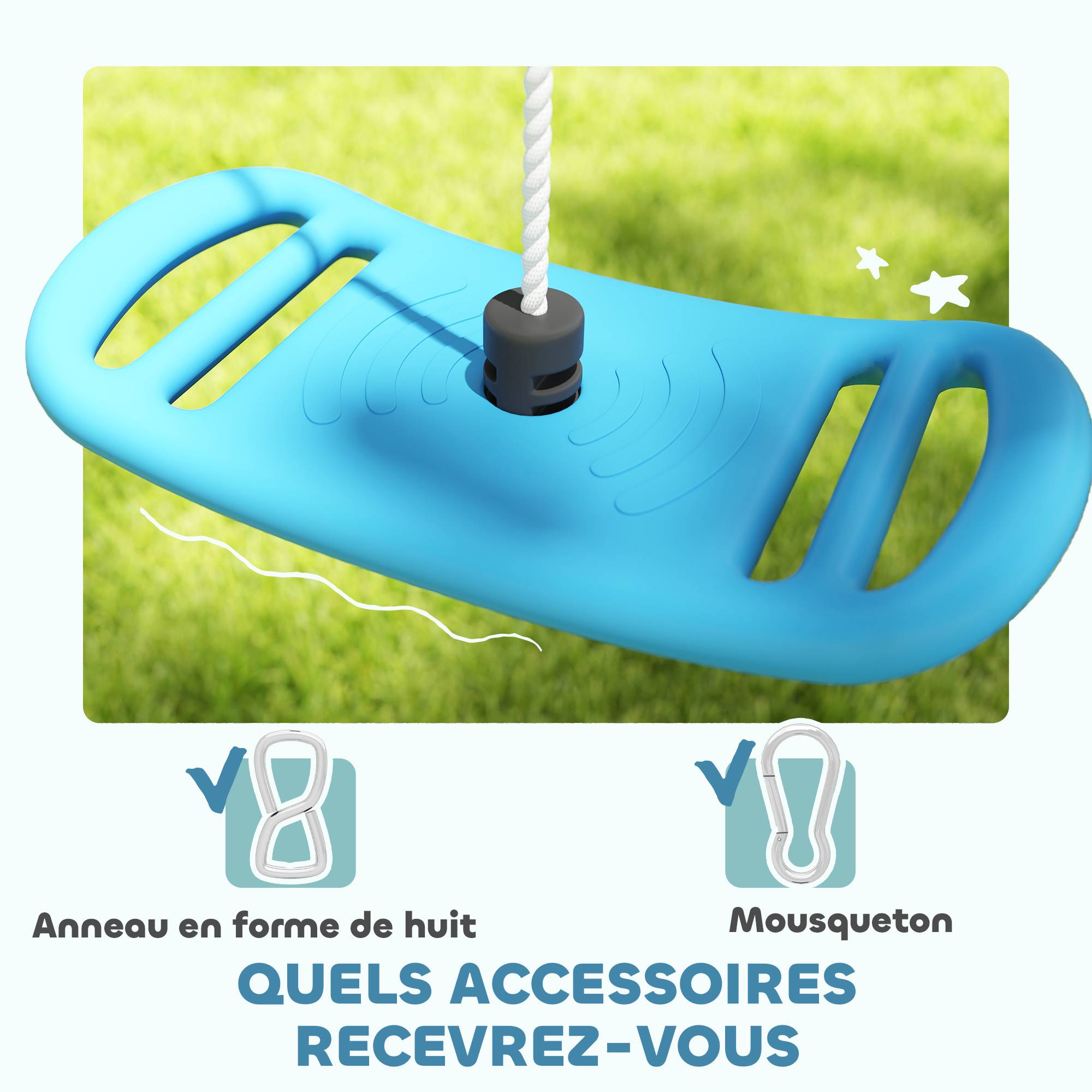 Balançoire enfant extérieur et intérieur avec corde réglable, mousqueton, charge max. 70 kg, bleu - Image 10