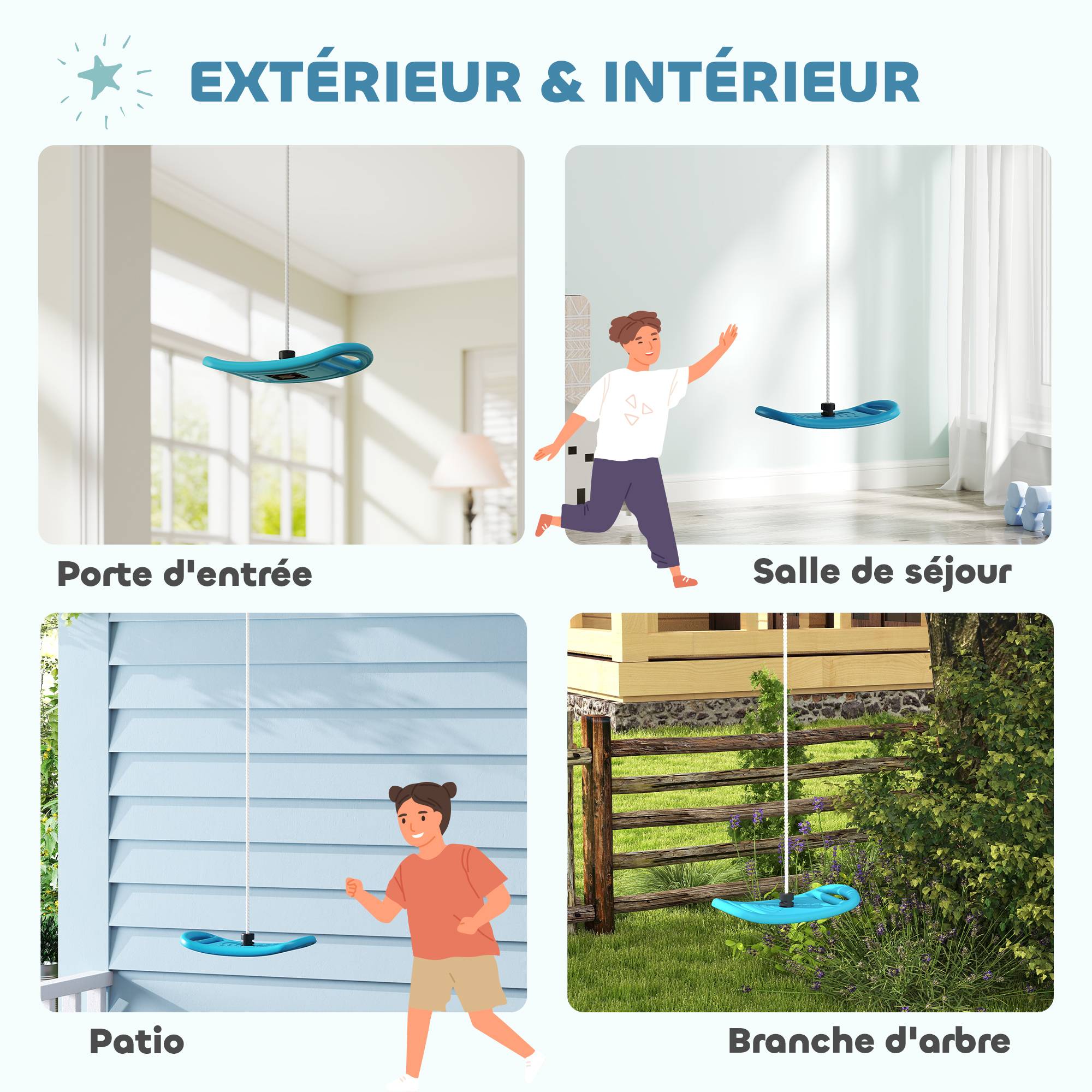 Balançoire enfant extérieur et intérieur avec corde réglable, mousqueton, charge max. 70 kg, bleu - Image 9