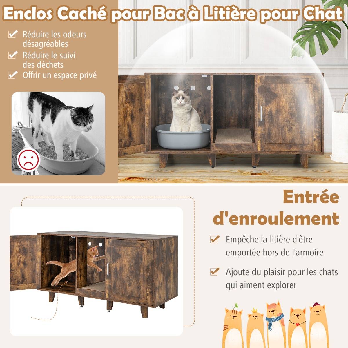 Maison de Toilette pour Chat 2 Portes Planche à Gratter Amovible Meuble Bac à Litière pour Chat 2 Compartiments Marron Rustique - Image 9