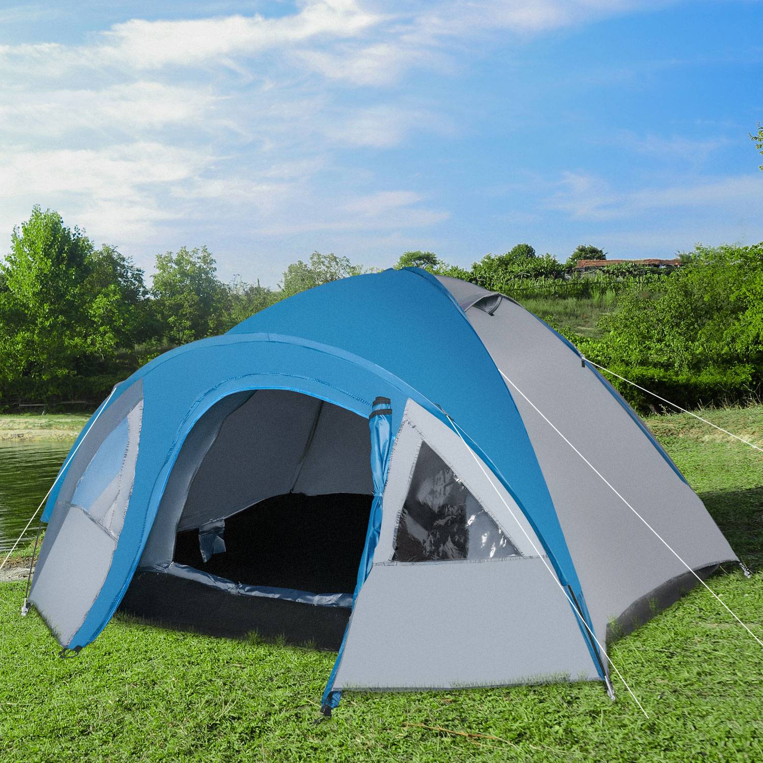 Tente 3 personnes avec fenêtres, 2 poches et sac de transport, 250 x 300 x 130 cm, grise et bleue - Image 3