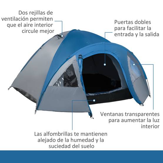 Tente 3 personnes avec fenêtres, 2 poches et sac de transport, 250 x 300 x 130 cm, grise et bleue - Image 9