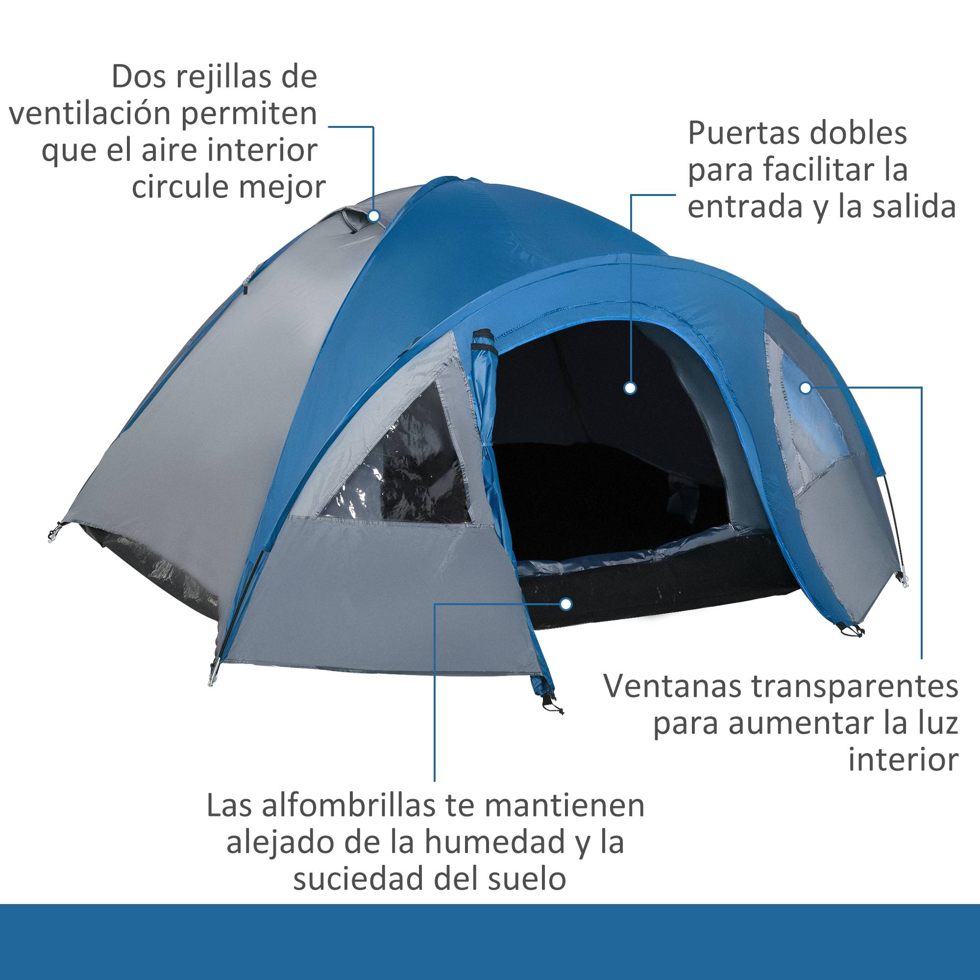 Tente 3 personnes avec fenêtres, 2 poches et sac de transport, 250 x 300 x 130 cm, grise et bleue - Image 9