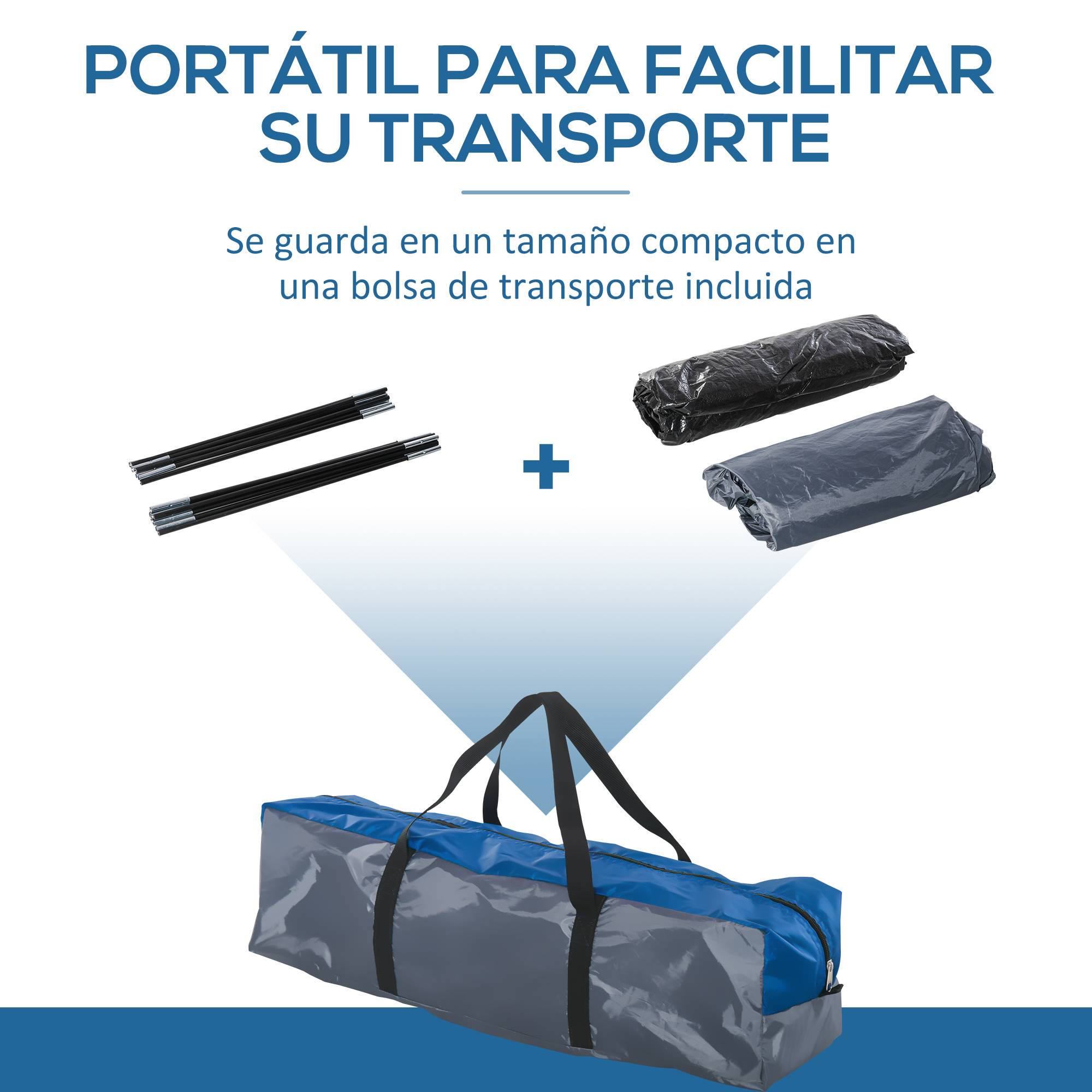 Tente 3 personnes avec fenêtres, 2 poches et sac de transport, 250 x 300 x 130 cm, grise et bleue - Image 8