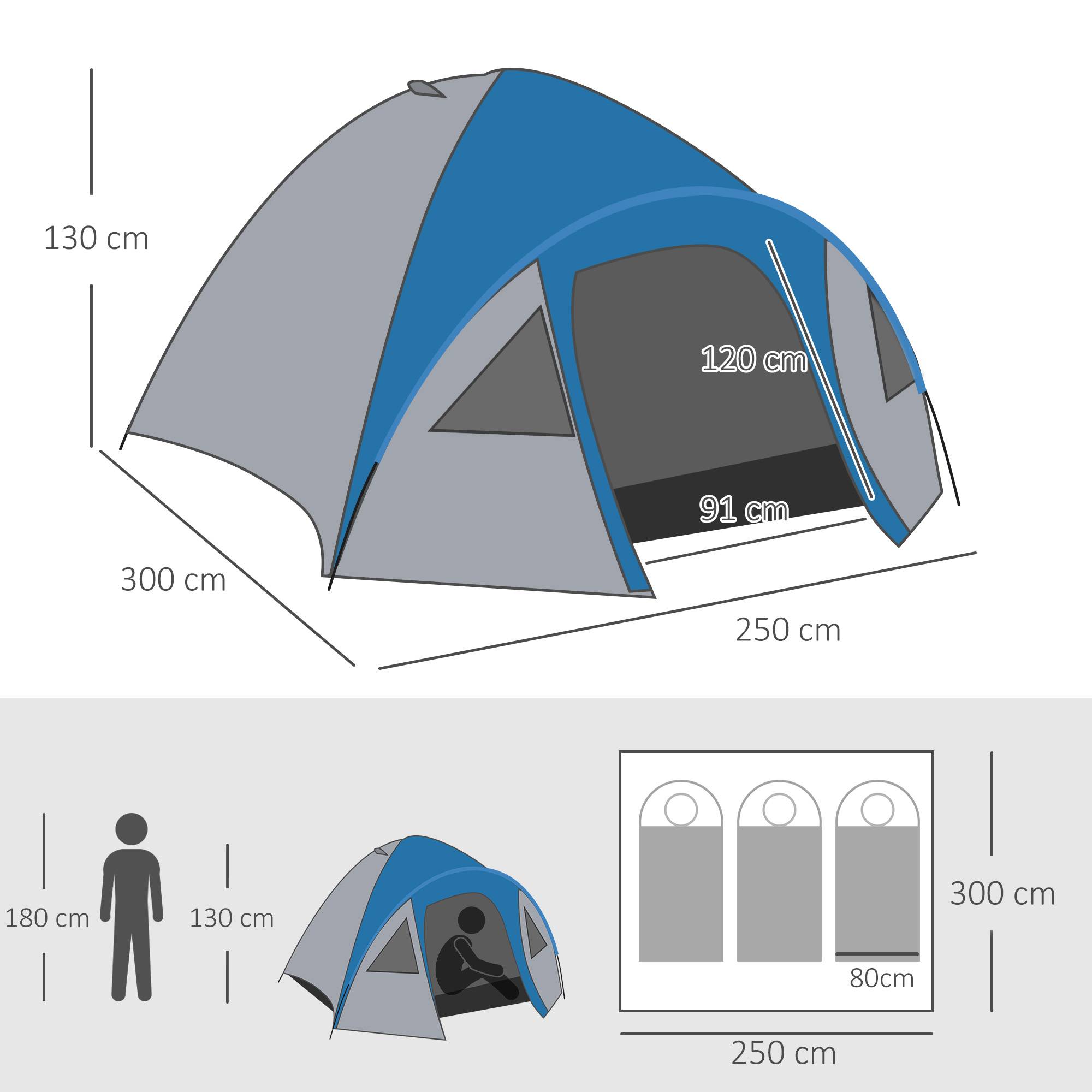 Tente 3 personnes avec fenêtres, 2 poches et sac de transport, 250 x 300 x 130 cm, grise et bleue - Image 5