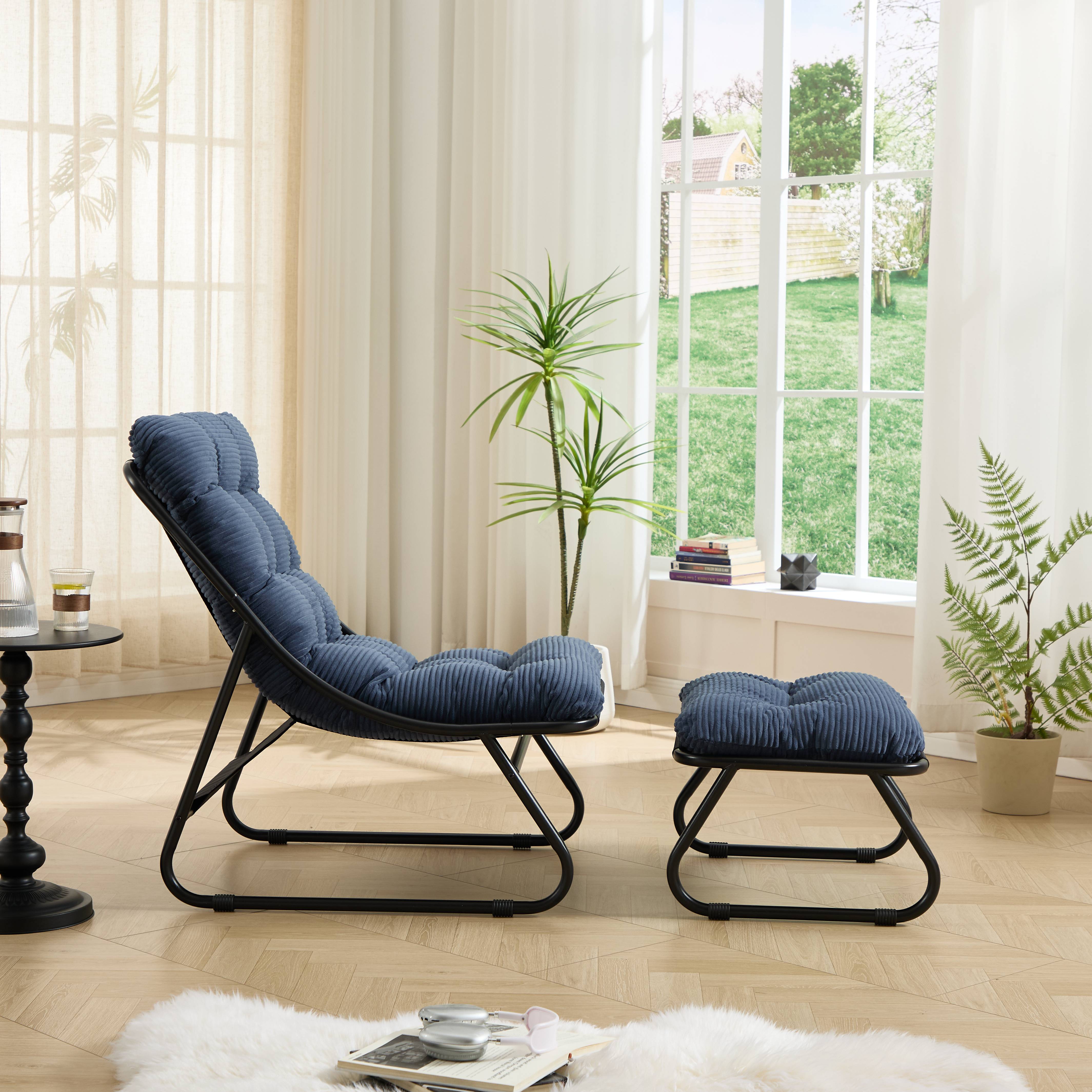 Fauteuil lounge de terrasse inclinable avec ottoman cadre noir coussin bleu marine moelleux pour salon chambre lecture - Image 6