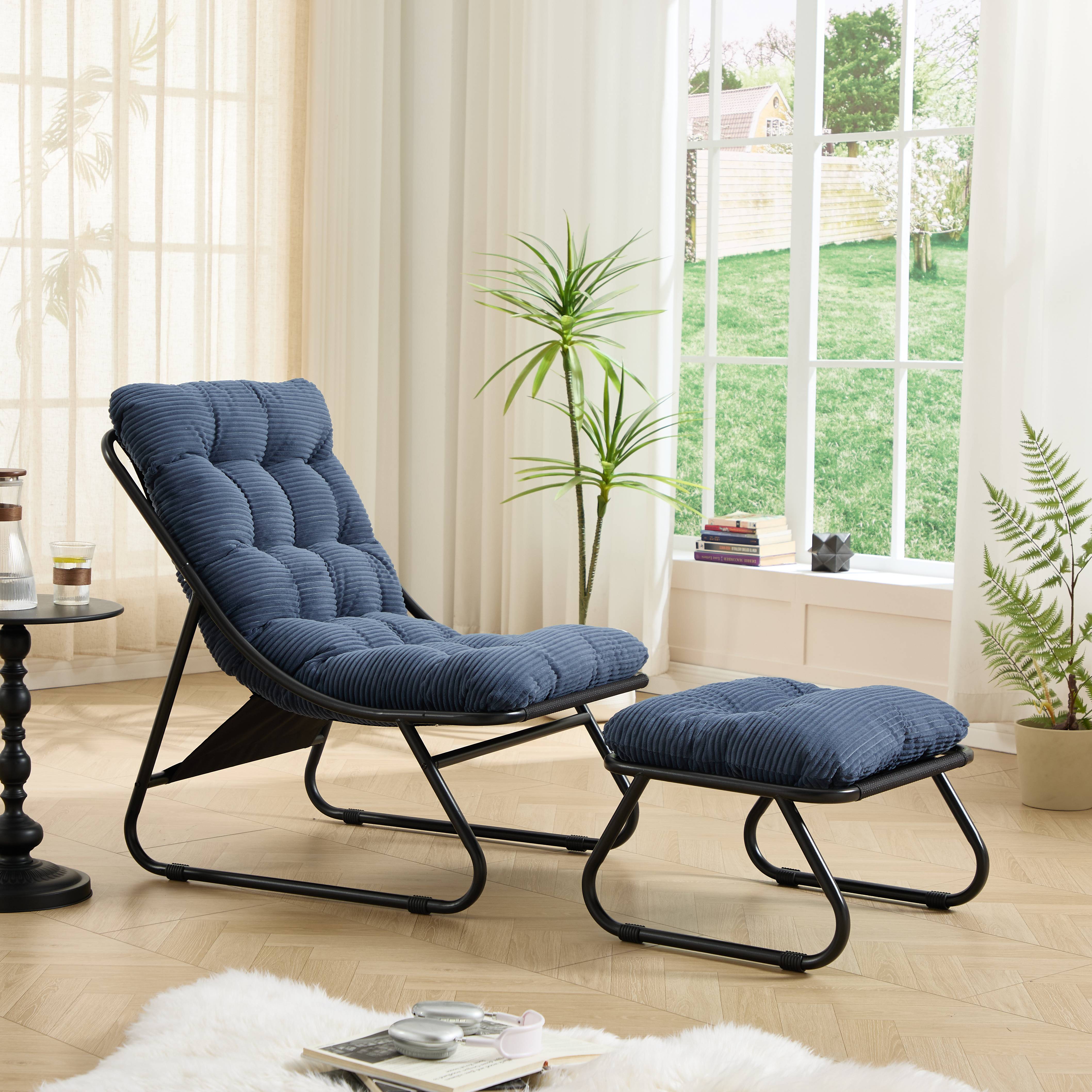Fauteuil lounge de terrasse inclinable avec ottoman cadre noir coussin bleu marine moelleux pour salon chambre lecture - Image 4