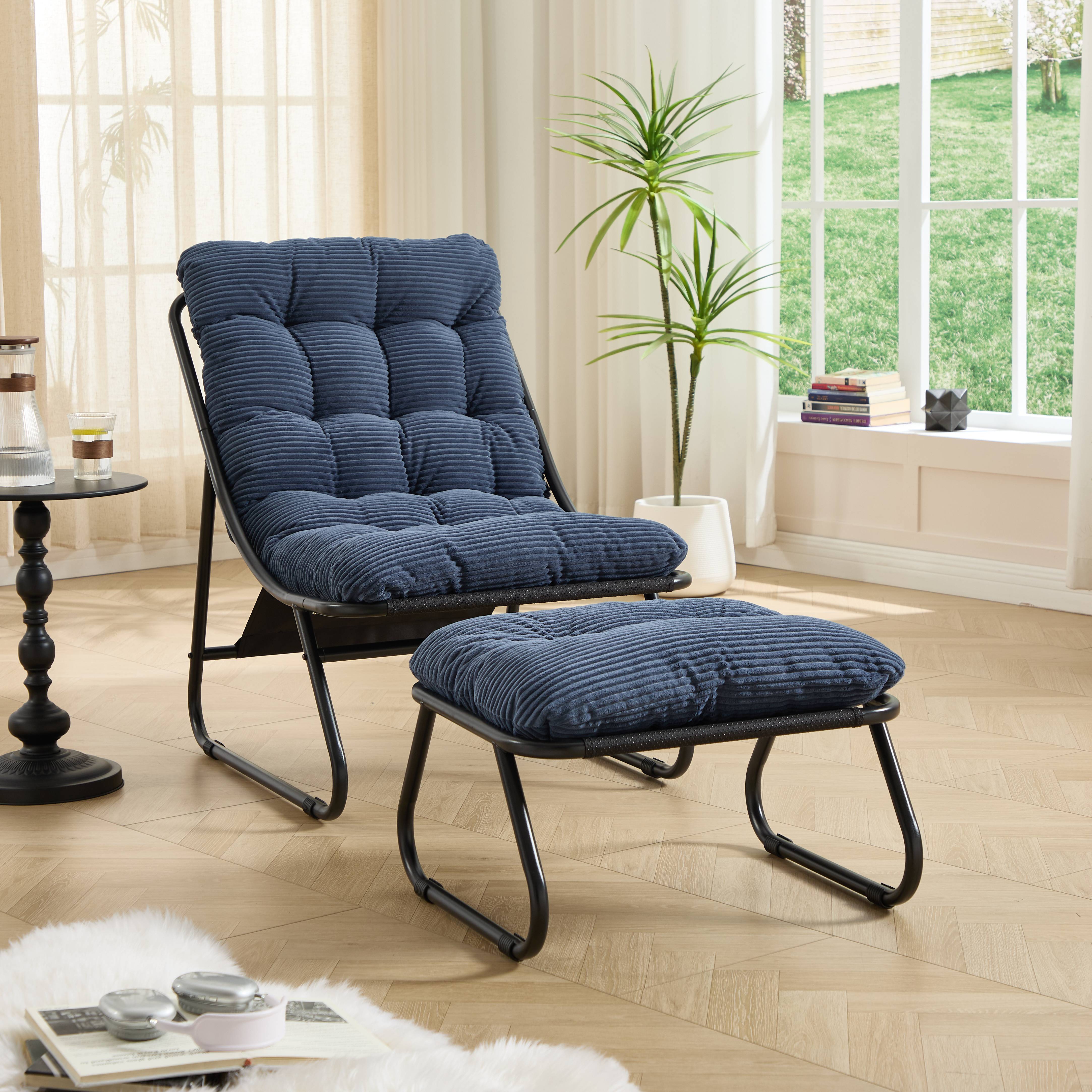 Fauteuil lounge de terrasse inclinable avec ottoman cadre noir coussin bleu marine moelleux pour salon chambre lecture - Image 2