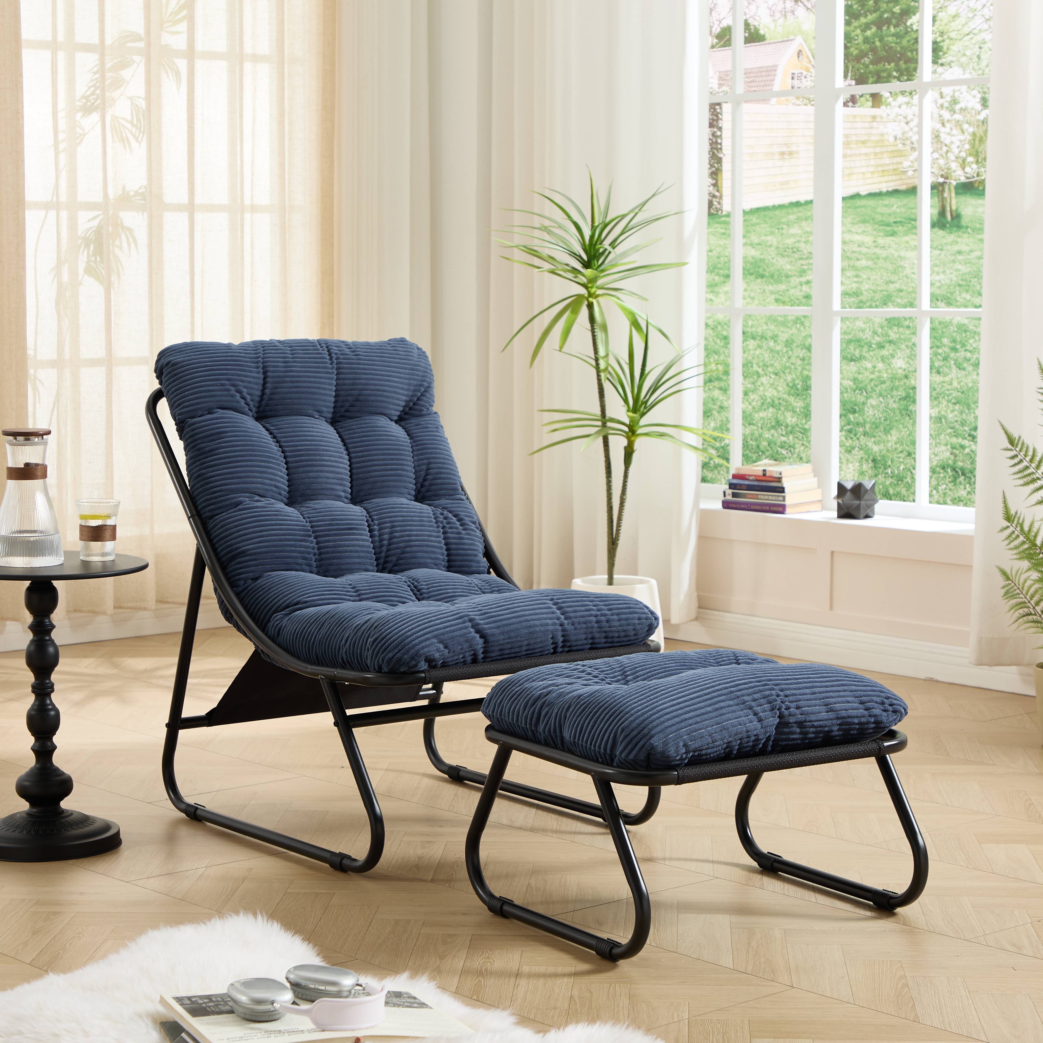Fauteuil lounge de terrasse inclinable avec ottoman cadre noir coussin bleu marine moelleux pour salon chambre lecture - Image 1