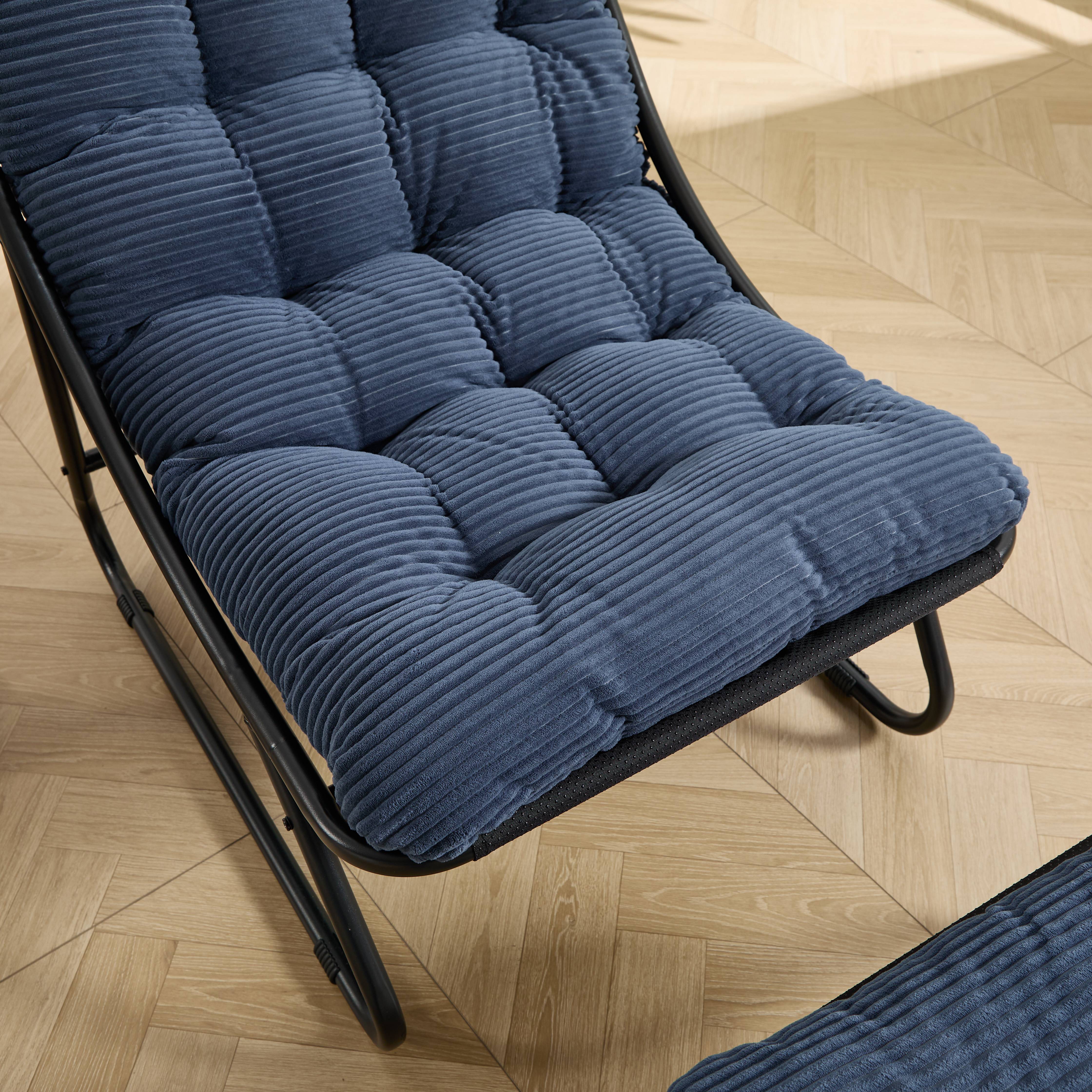 Fauteuil lounge de terrasse inclinable avec ottoman cadre noir coussin bleu marine moelleux pour salon chambre lecture - Image 5