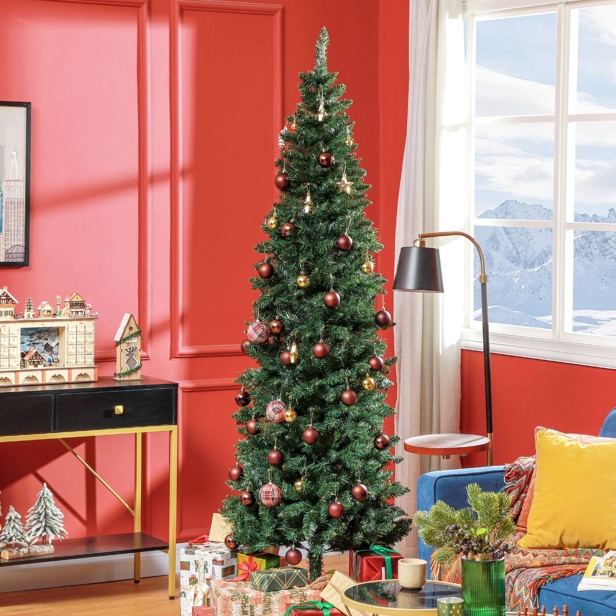 Sapin de Noël Artificiel 210 cm Arbre de Noël Slim avec support en acier pliable, 687 branches épines Vert - Image 4
