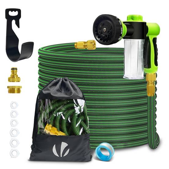 Tuyau d’Arrosage Extensible 15m avec Récipient Savon et accessoires vert - Image 1