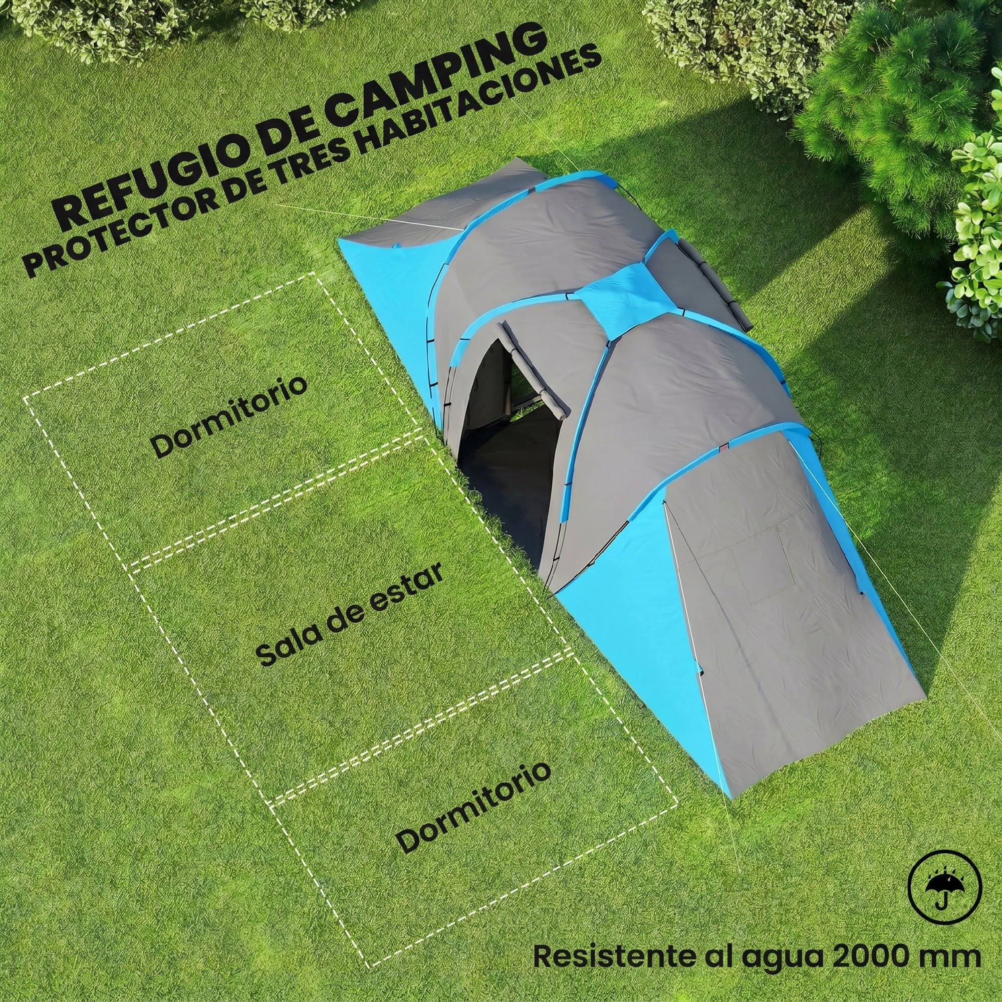 Tente 4-6 personnes avec 2 chambres, imperméable (3000 mm), 555 x 225 x 190 cm, grise et bleue. - Image 6