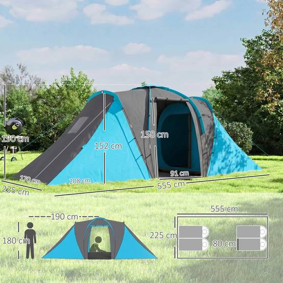 Tente 4-6 personnes avec 2 chambres, imperméable (3000 mm), 555 x 225 x 190 cm, grise et bleue. - Image 5