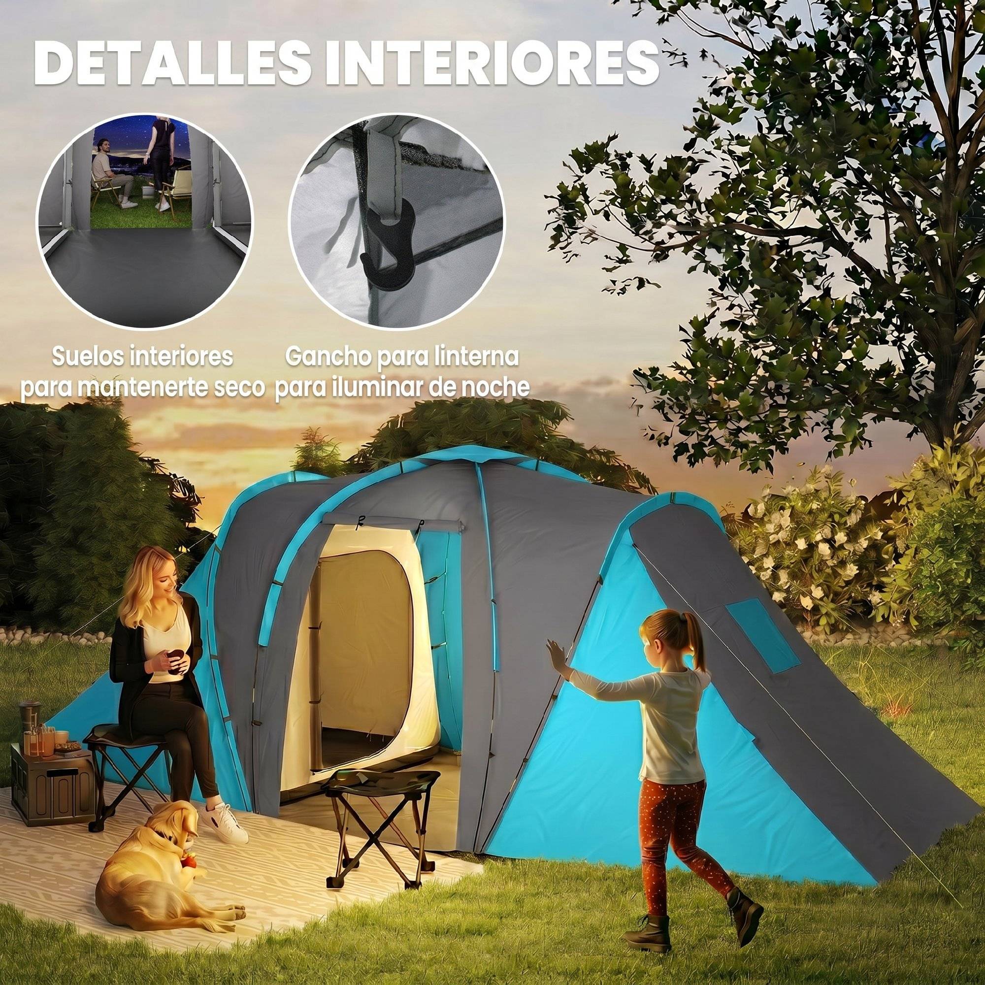 Tente 4-6 personnes avec 2 chambres, imperméable (3000 mm), 555 x 225 x 190 cm, grise et bleue. - Image 8