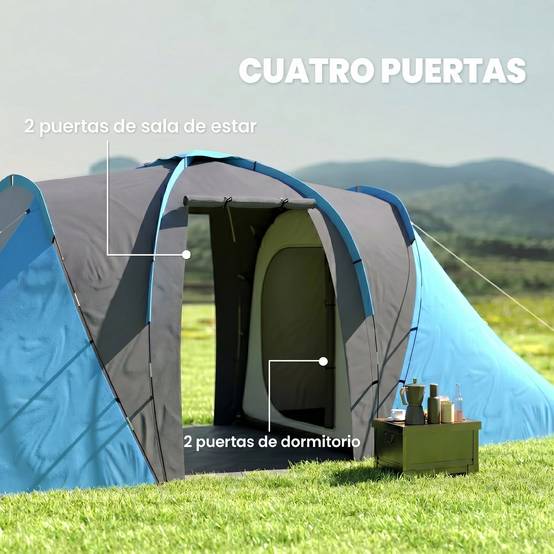 Tente 4-6 personnes avec 2 chambres, imperméable (3000 mm), 555 x 225 x 190 cm, grise et bleue. - Image 7