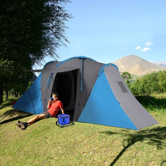 Tente 4-6 personnes avec 2 chambres, imperméable (3000 mm), 555 x 225 x 190 cm, grise et bleue. - Image 3