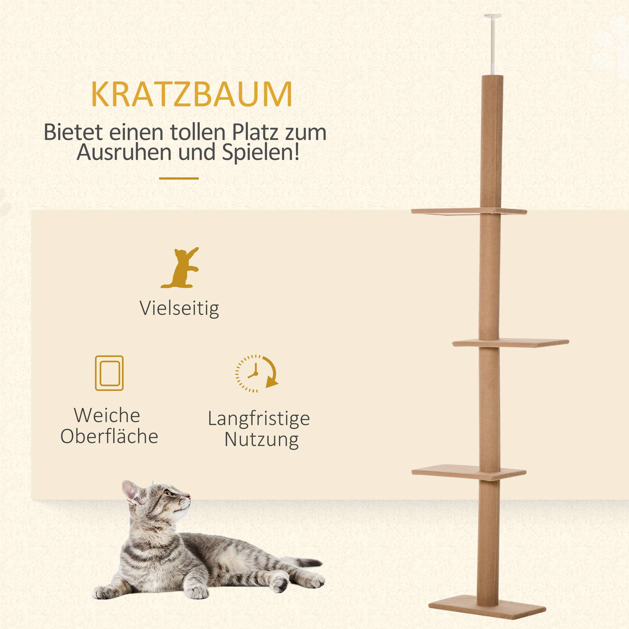 Arbre à chat réglable 43x27x228-260cm brun clair, idéal pour le jeu et la détente des chats actifs - Image 4