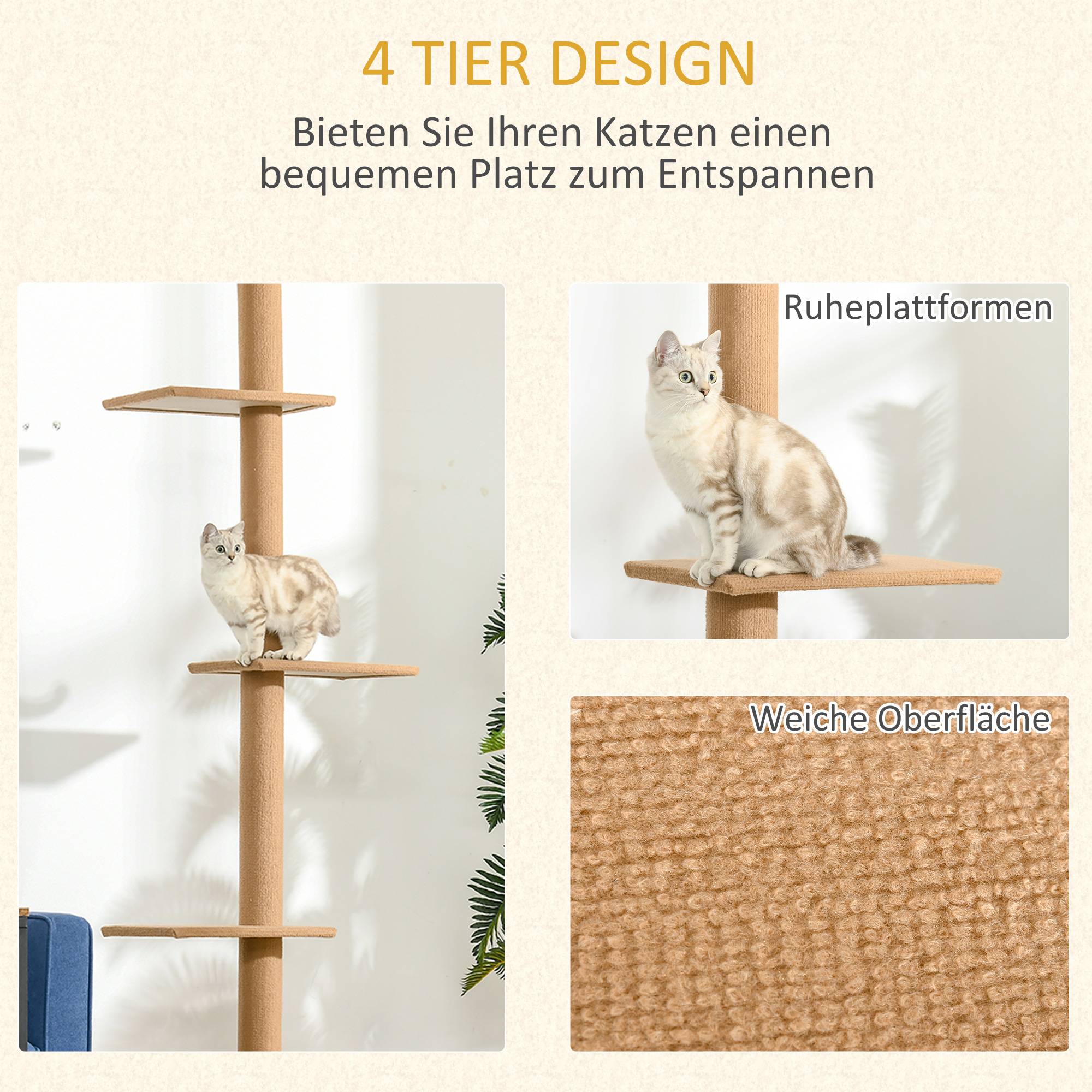 Arbre à chat réglable 43x27x228-260cm brun clair, idéal pour le jeu et la détente des chats actifs - Image 6