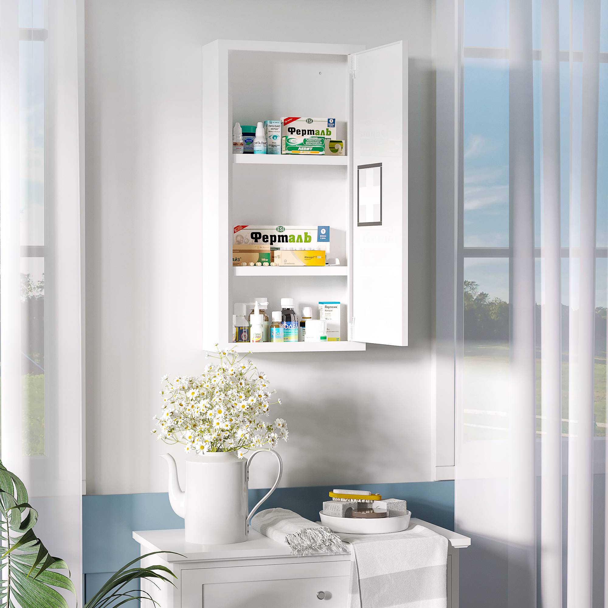 Sans Marque - Armoire pharmacie 3 compartiments intérieurs fermeture magnétique symbole croix boîtier acier blanc 30x12x60 cm - Image 3