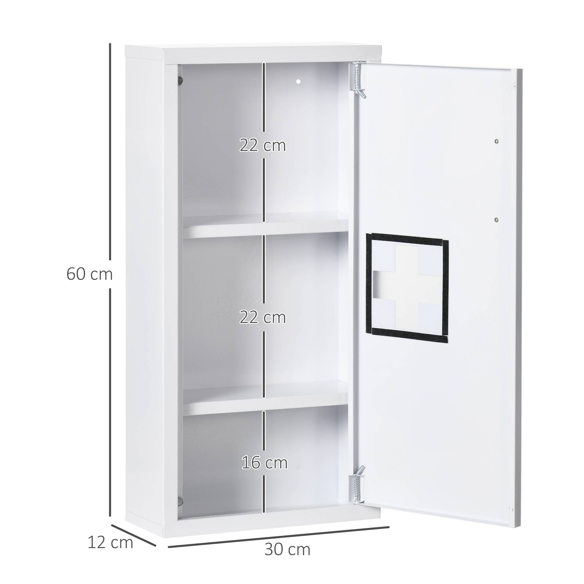 Sans Marque - Armoire pharmacie 3 compartiments intérieurs fermeture magnétique symbole croix boîtier acier blanc 30x12x60 cm - Image 5