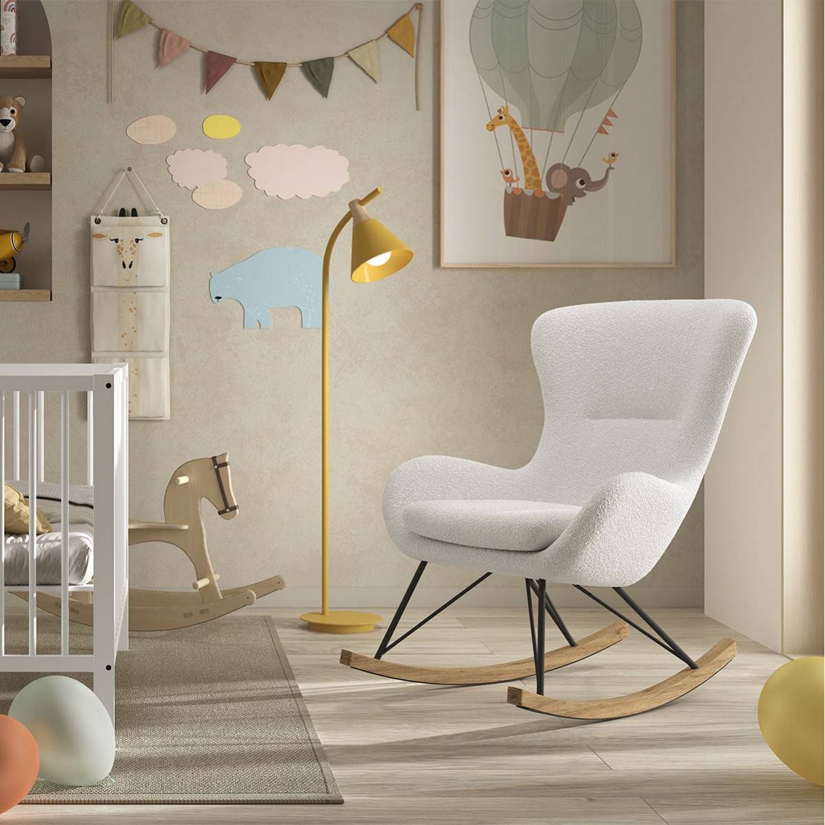 ALTOBUY - Chaise à Bascule en Tissu Bouclette Blanc Pieds Bois et Métal - MOUTY - Image 3