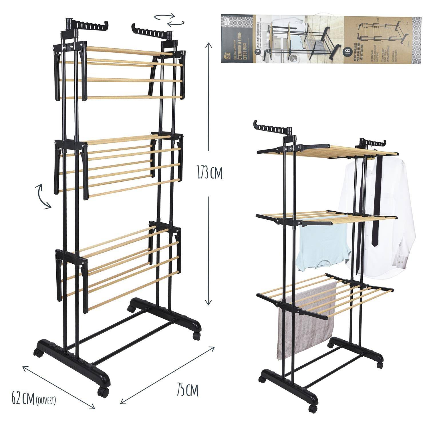 Importdistrib - Etendoir séchoir a linge Effet Bois 3 Etages 73x64x173cm IMPORTDISTRIB - Imagen 2