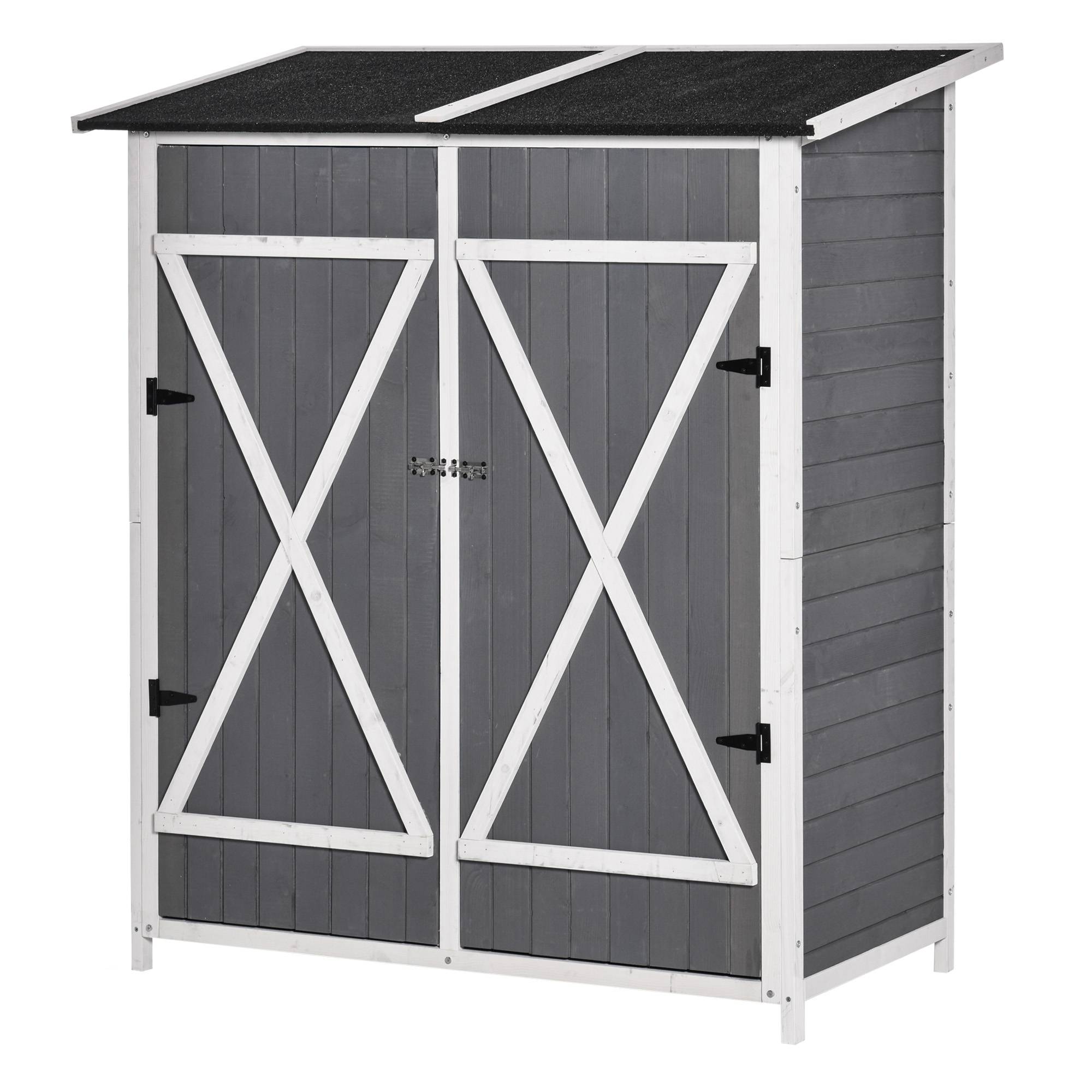 Armoire jardin 2 portes, toit asphalte, design antidumping, clous au sol, sapin, gris+blanc, 139x75x160 cm - Image 2