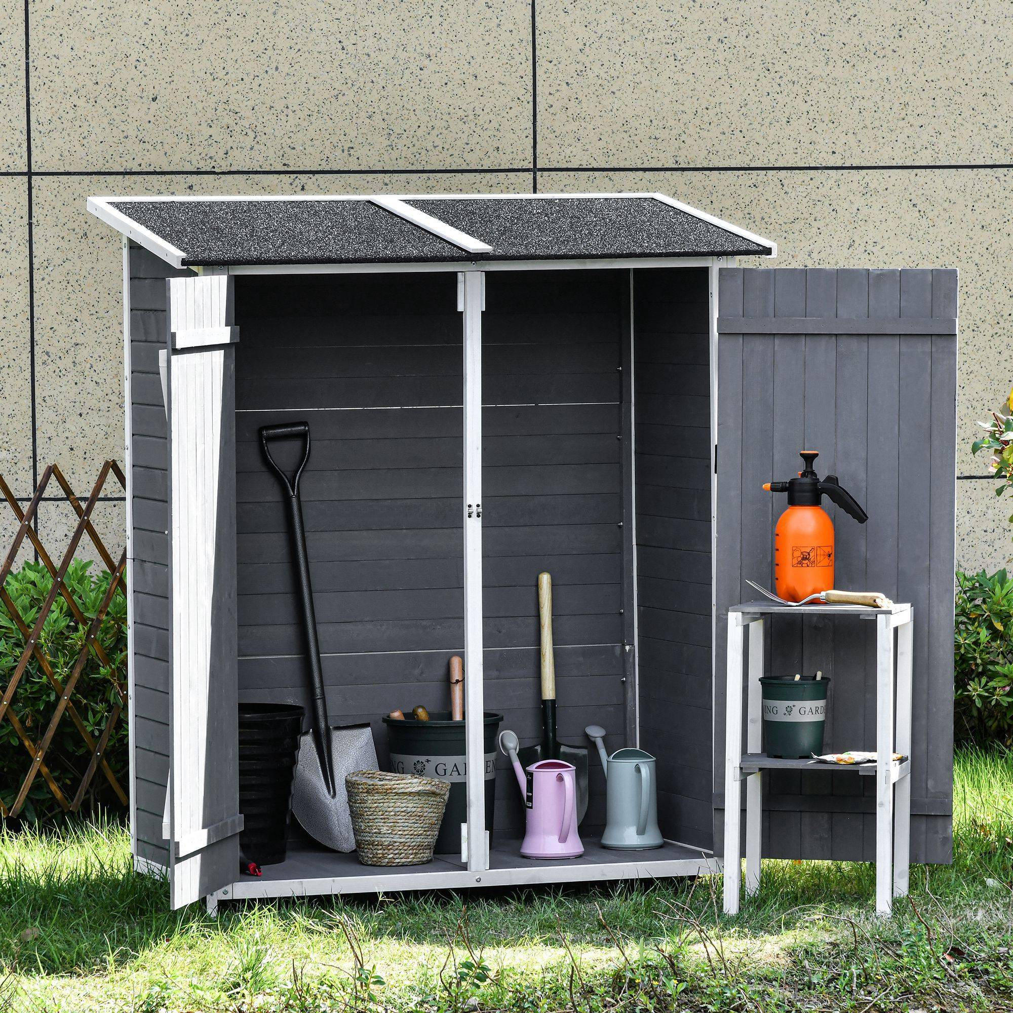 Armoire jardin 2 portes, toit asphalte, design antidumping, clous au sol, sapin, gris+blanc, 139x75x160 cm - Image 3