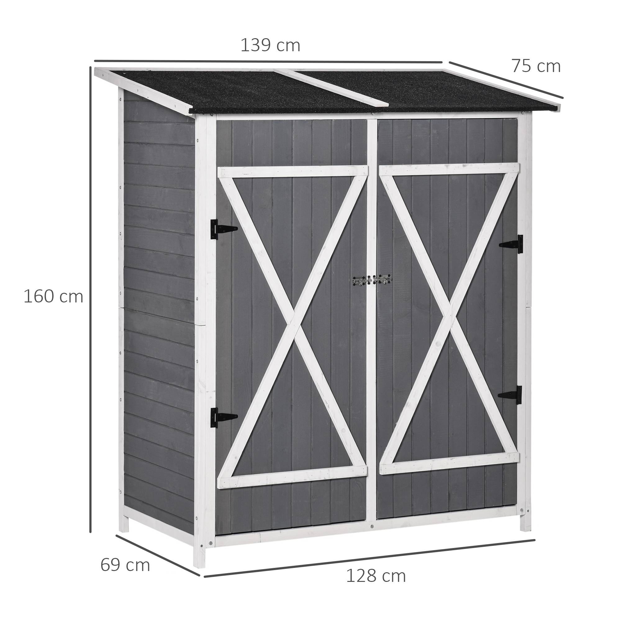 Armoire jardin 2 portes, toit asphalte, design antidumping, clous au sol, sapin, gris+blanc, 139x75x160 cm - Image 5