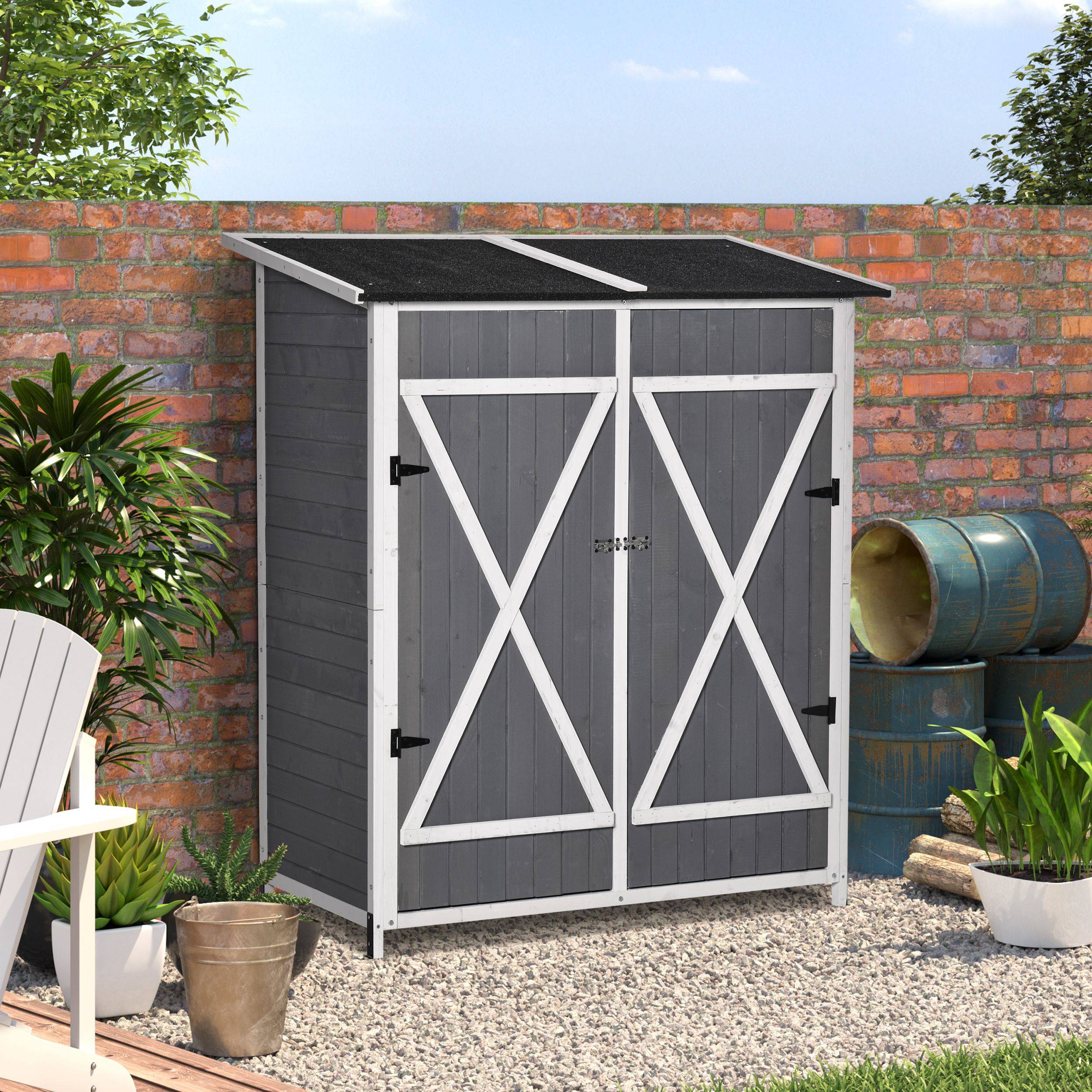 Armoire jardin 2 portes, toit asphalte, design antidumping, clous au sol, sapin, gris+blanc, 139x75x160 cm - Image 4