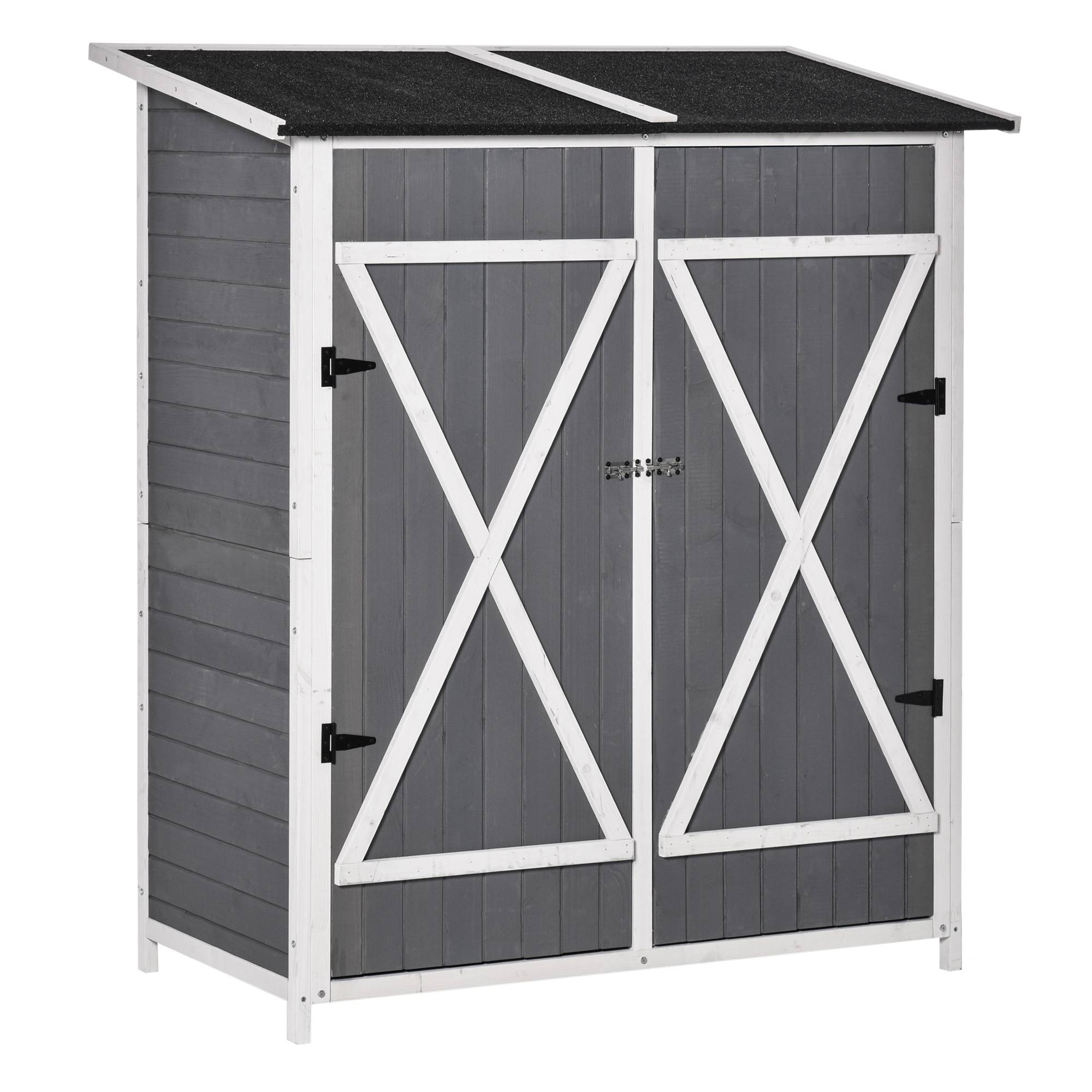 Armoire jardin 2 portes, toit asphalte, design antidumping, clous au sol, sapin, gris+blanc, 139x75x160 cm - Image 1