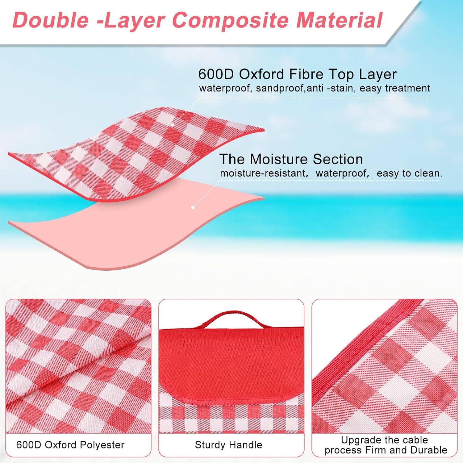 Couverture De Pique-Nique Et Camping 200x200 Cm Rouge Et Blanc - Tapis Imperméable Pliable Avec Dessous Anti-Sable