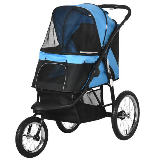 Poussette pour chien de petite à moyenne taille avec panier de rangement, capote réglable et fenêtre en filet, 111 x 58 x 107 cm, bleue - Image 2