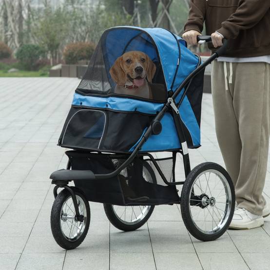 Poussette pour chien de petite à moyenne taille avec panier de rangement, capote réglable et fenêtre en filet, 111 x 58 x 107 cm, bleue - Image 4