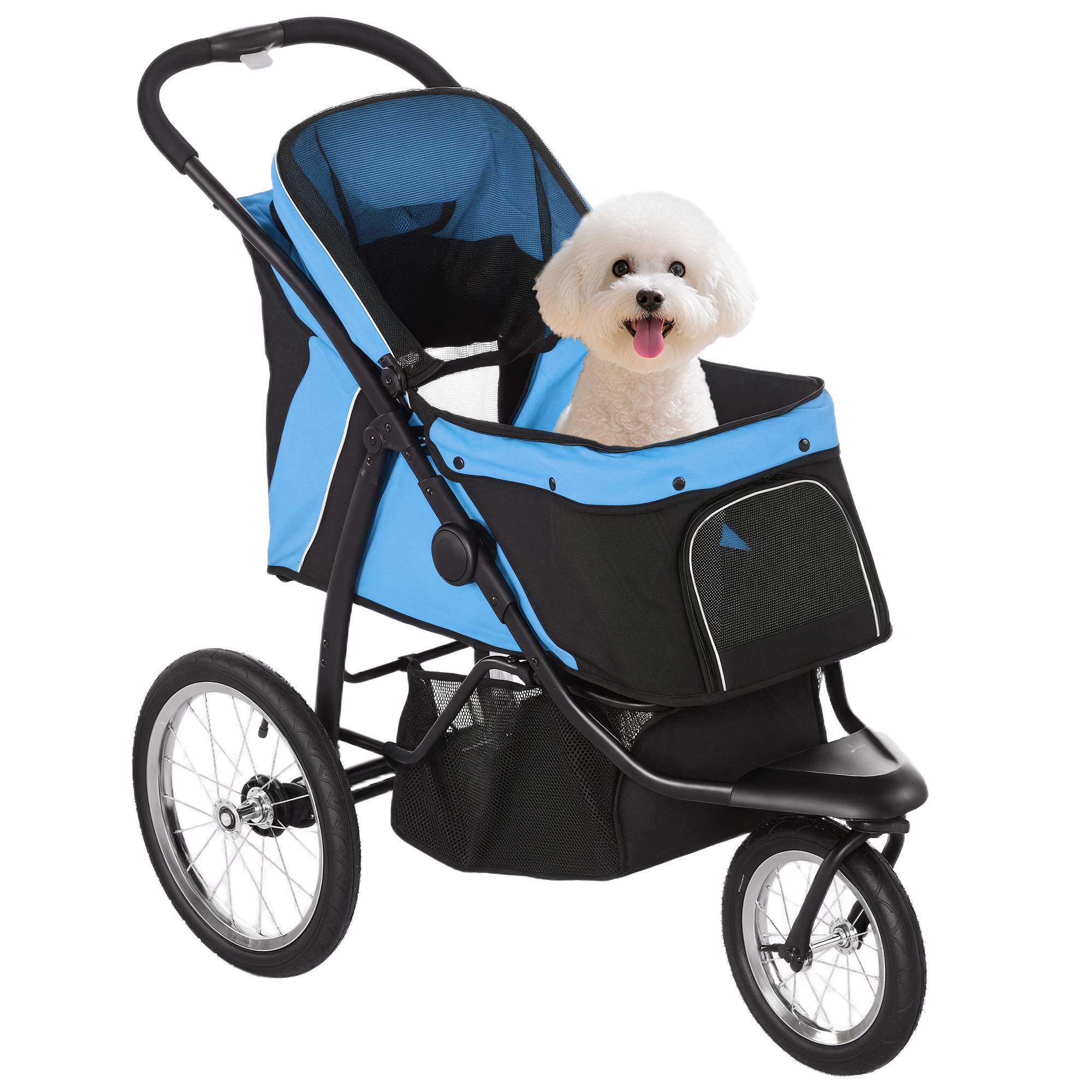 Poussette pour chien de petite à moyenne taille avec panier de rangement, capote réglable et fenêtre en filet, 111 x 58 x 107 cm, bleue