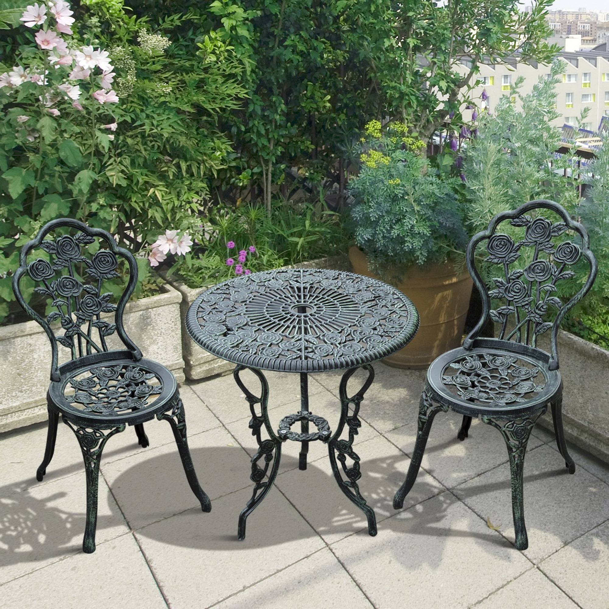 Outsunny - Ensemble salon de jardin 2 places 2 chaises + table ronde style néo-rétro motif rose lignes fuselées fonte d'aluminium vert vieilli - Outsunny - Image 2