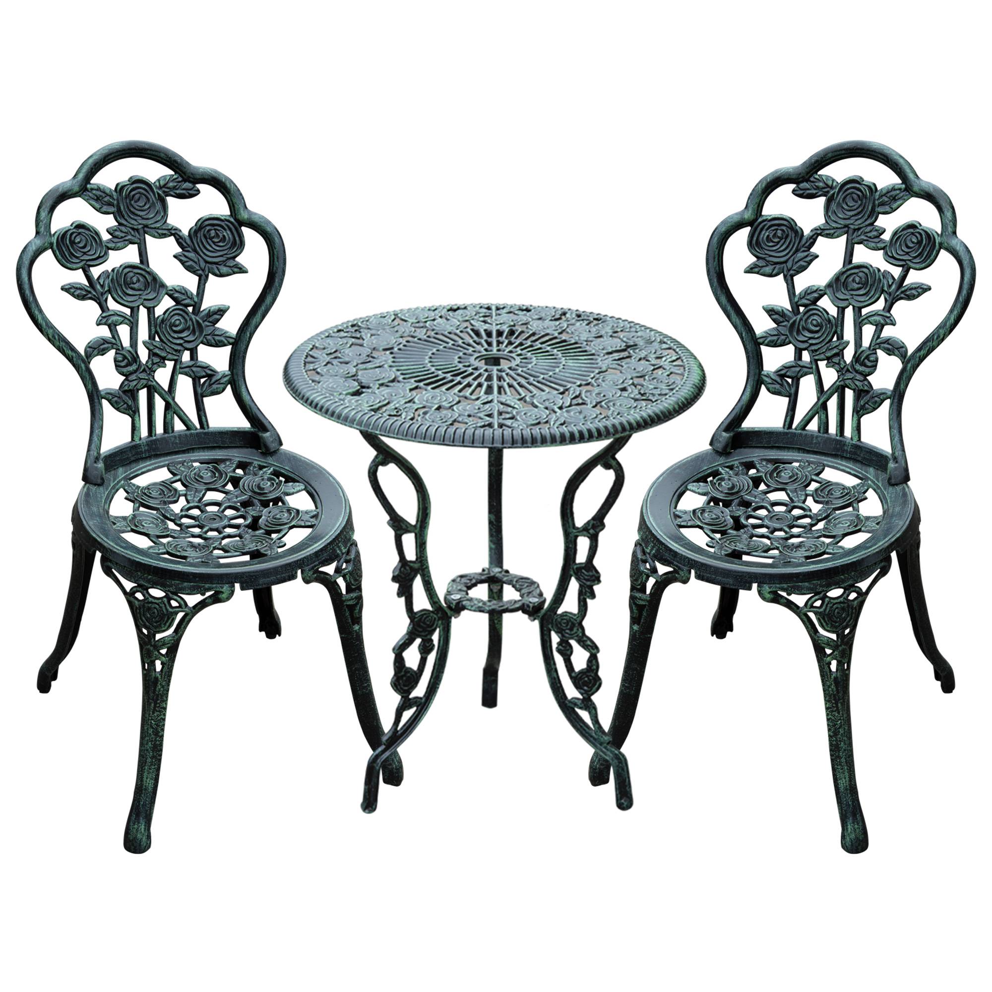 Outsunny - Ensemble salon de jardin 2 places 2 chaises + table ronde style néo-rétro motif rose lignes fuselées fonte d'aluminium vert vieilli - Outsunny - Image 1