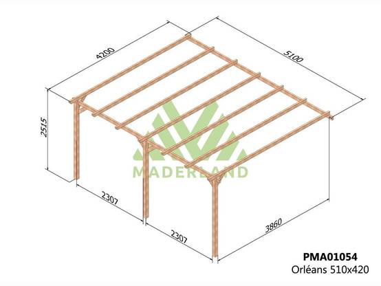 Pergola adossée en bois massif Orléans 510 x 420 cm + 3 supports surélevés - Maderland - Image 2