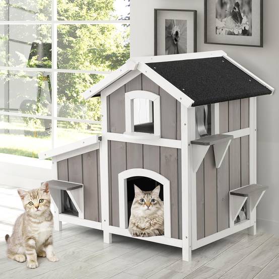 COSTWAY Niche pour Chat Exterieur, Maison Chat en Bois 2 Étage, 3 Compartiments, Toit en Asphalte, Cabane Chat Exterieur Interieur,100 x 64 x 82,5 cm - Image 1