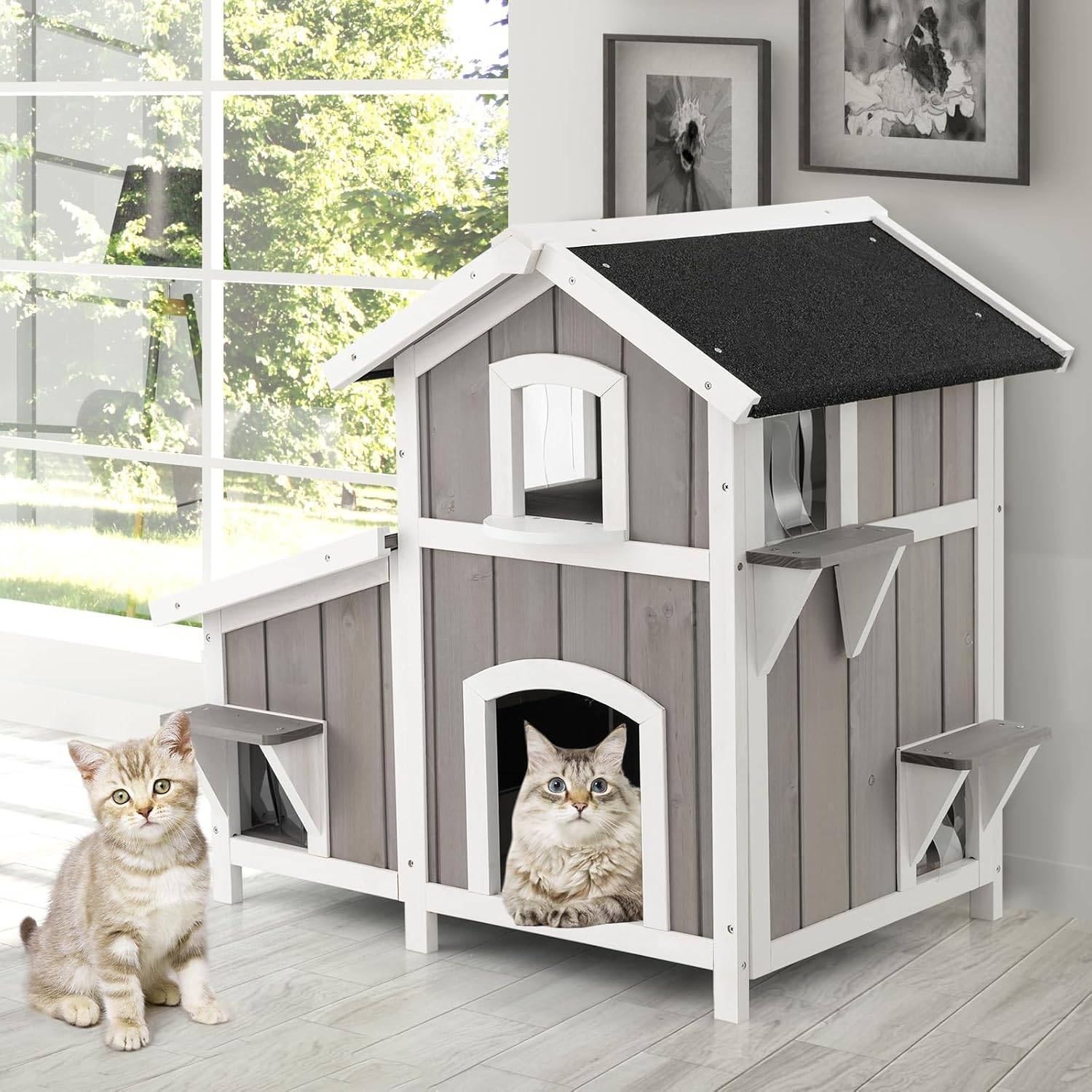 COSTWAY Niche pour Chat Exterieur, Maison Chat en Bois 2 Étage, 3 Compartiments, Toit en Asphalte, Cabane Chat Exterieur Interieur,100 x 64 x 82,5 cm - Image 1
