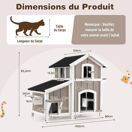 COSTWAY Niche pour Chat Exterieur, Maison Chat en Bois 2 Étage, 3 Compartiments, Toit en Asphalte, Cabane Chat Exterieur Interieur,100 x 64 x 82,5 cm - Image 2