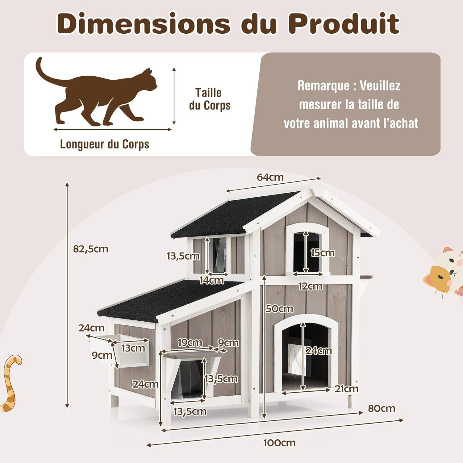 COSTWAY Niche pour Chat Exterieur, Maison Chat en Bois 2 Étage, 3 Compartiments, Toit en Asphalte, Cabane Chat Exterieur Interieur,100 x 64 x 82,5 cm - Image 2