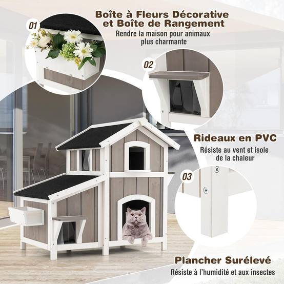 COSTWAY Niche pour Chat Exterieur, Maison Chat en Bois 2 Étage, 3 Compartiments, Toit en Asphalte, Cabane Chat Exterieur Interieur,100 x 64 x 82,5 cm - Image 6